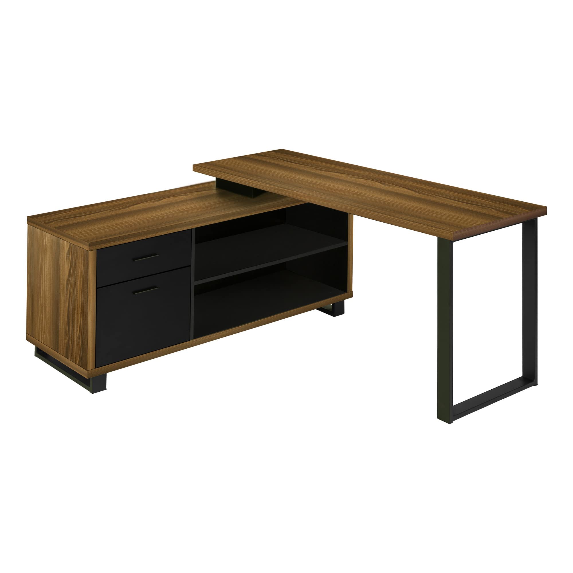 Monarch Specialties 7711 Computer Desk, Home Office, Corner, Storage Drawers, Shape, Work, Laptop, Metal, Laminate, Walnut, Black, Contemporary Desk-72 L Executive, 72&quot; L x 60&quot; W x 31.25&quot; H