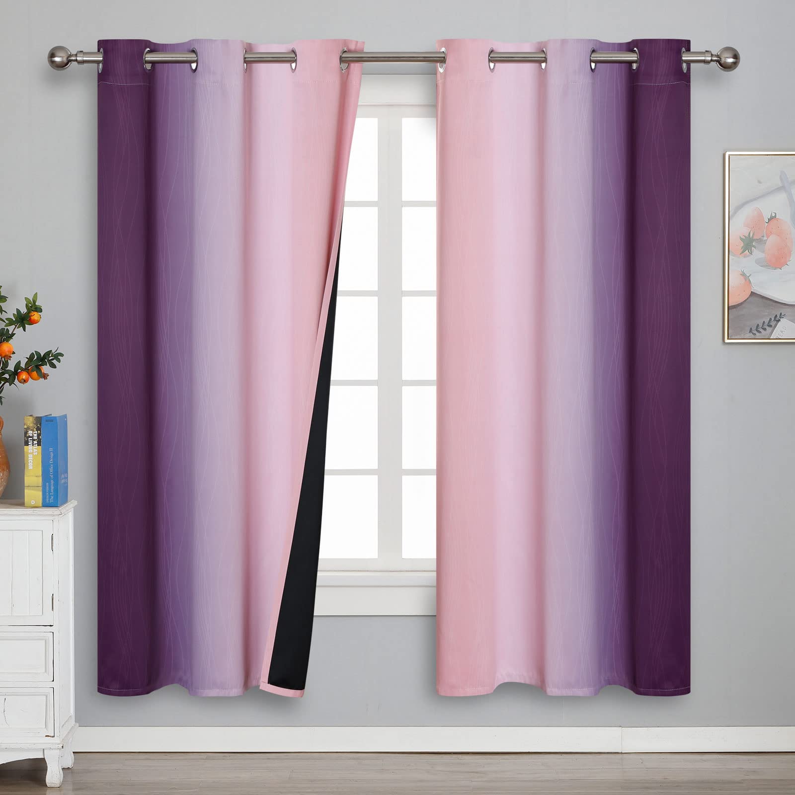 Estelar Textiler Ombre Pink And Purple Blackout Curtains 72 Inch Length 2 Panels, Full Light Blocking Curtains For Bedroom, Grom
