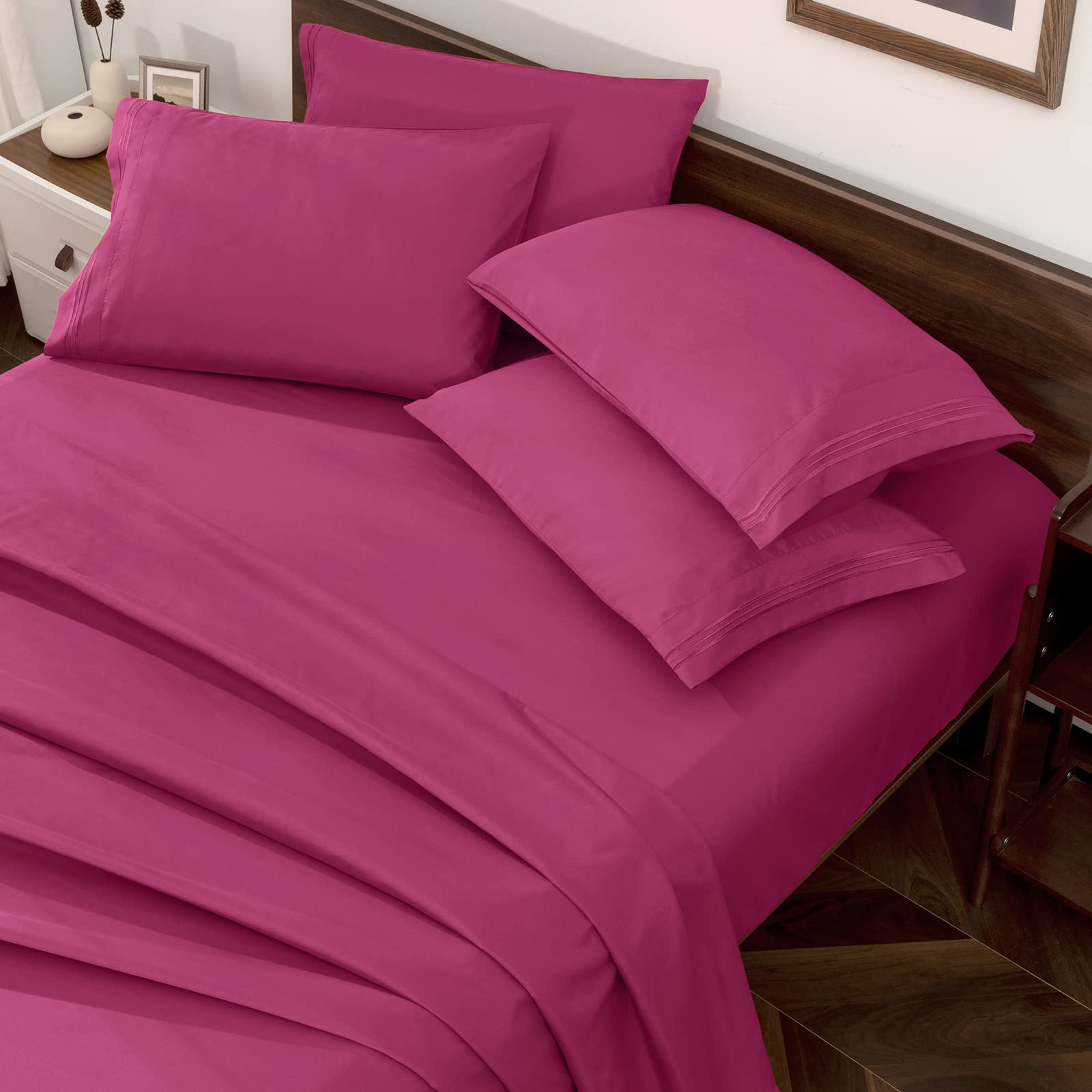 Horbaunal Hot Pink King Size Sheet Set - 6 Piece Luxury 1800 Thread Count Bedding Sheets & Pillowcases - 16 Inch Deep Pocket Mic