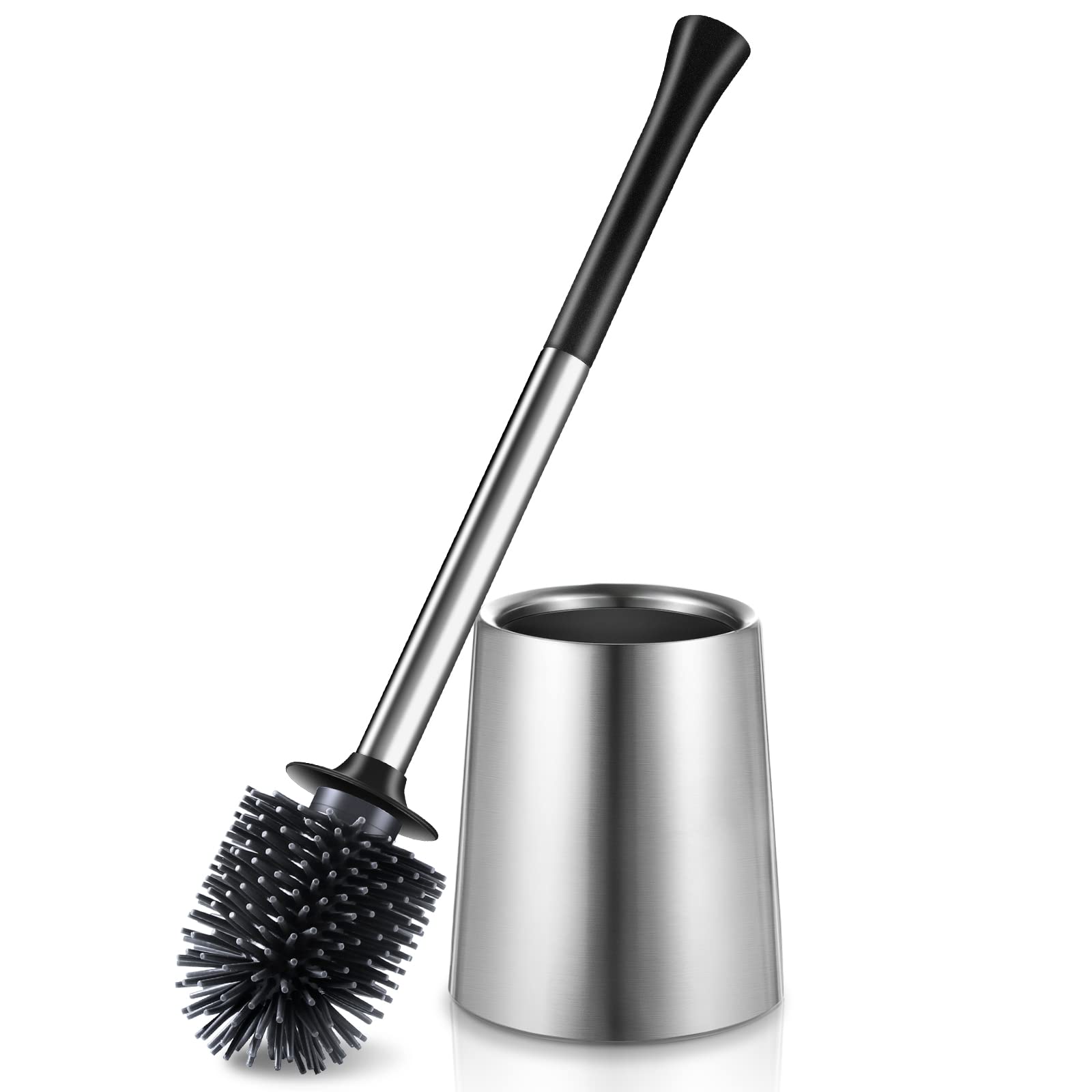 HAMITOR Toilet Bowl Brush Holder Set: Silicone Stainless Steel Deep Cleaning Toilet Cleaner Brush for Bathroom Restroom - Compac