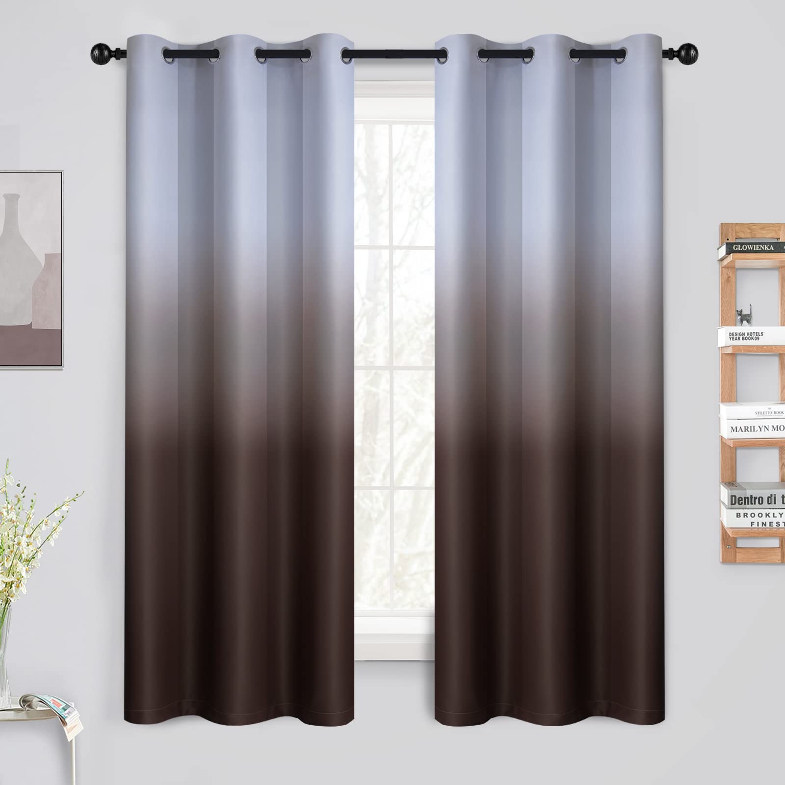 Yakamok 63 Inch Length Brown And Greyish White Ombre Curtains For Bedroom,Room Darkening Gradient Color Thermal Insulated Gromme