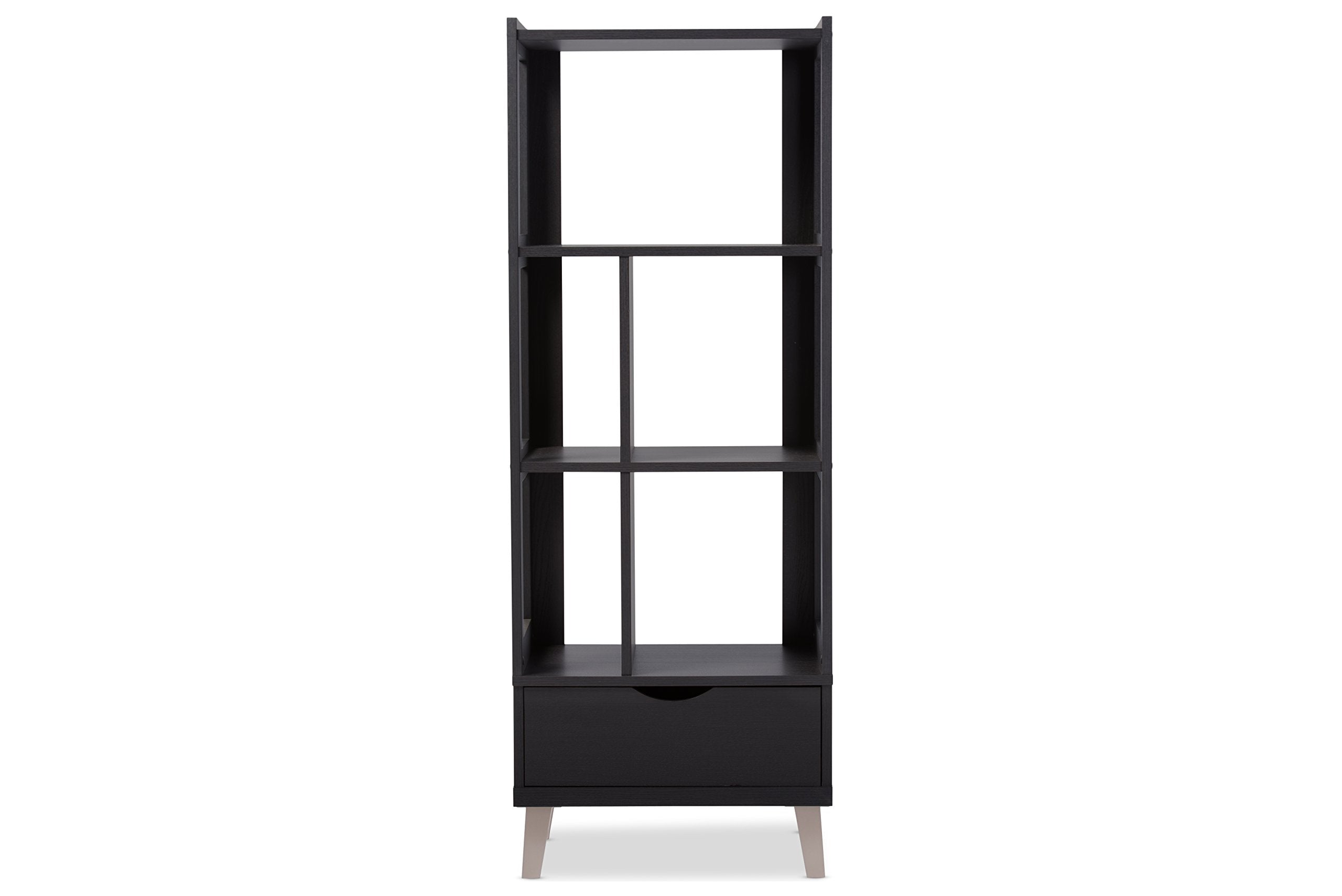 Baxton Studio Kalien Modern & Contemporary Wood Leaning Bookcase with Display Shelves & One Drawer, Dark Brown
