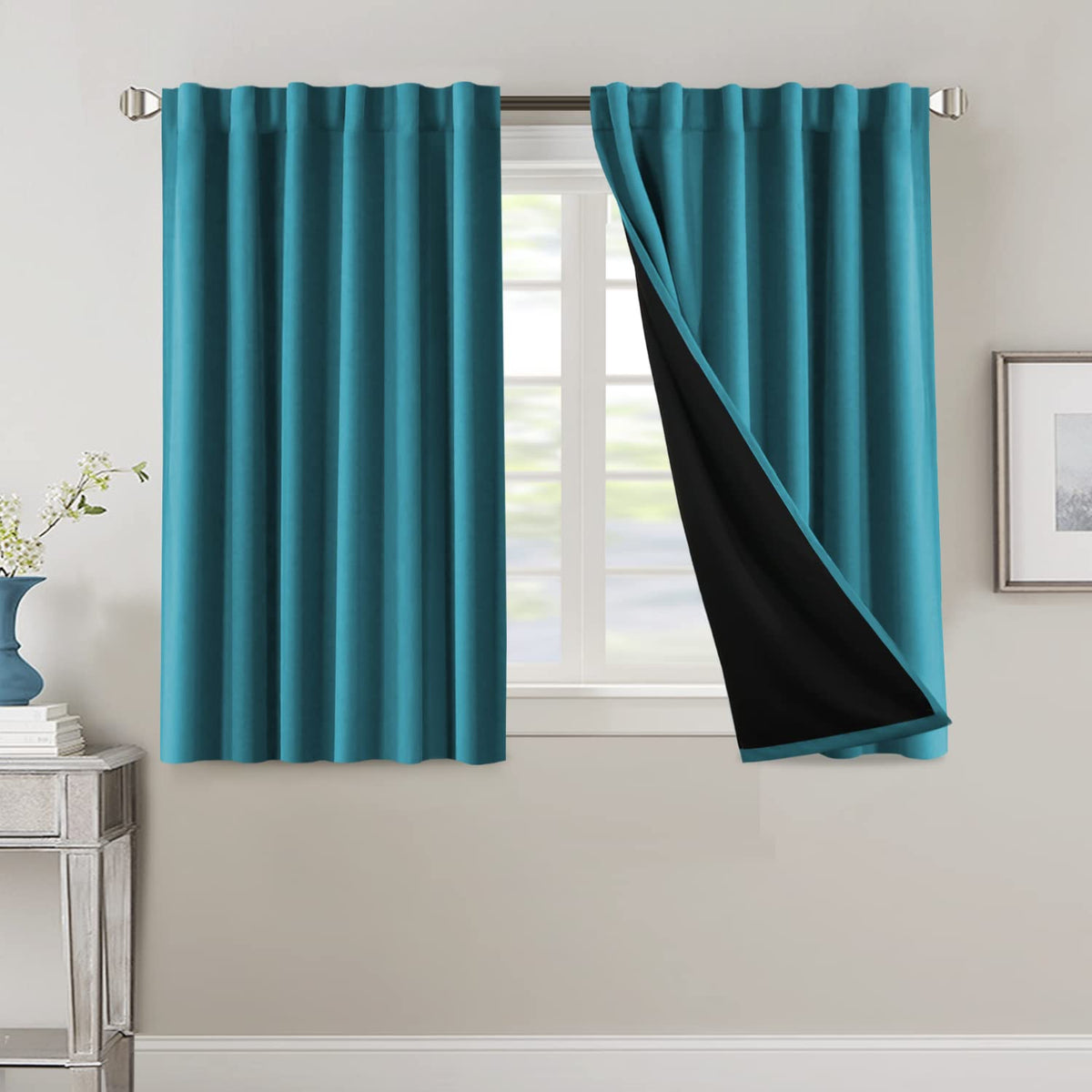 H.VERSAILTEX 100% Blackout Curtains for Bedroom with Black Liner Full Room Darkening Curtain 45 Inch Long Thermal Insulated Back