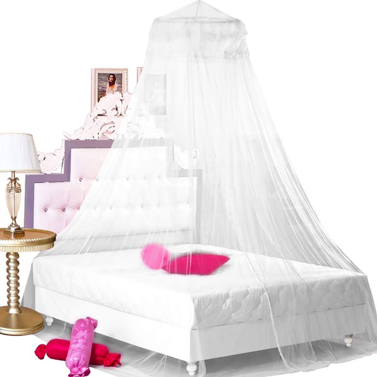 Bcbyou Princess Bed Canopy Netting Mosquito Net Round Lace Dome For Twin Full And Queen Size Beds Crib With Jumbo Swag Hook (Whi