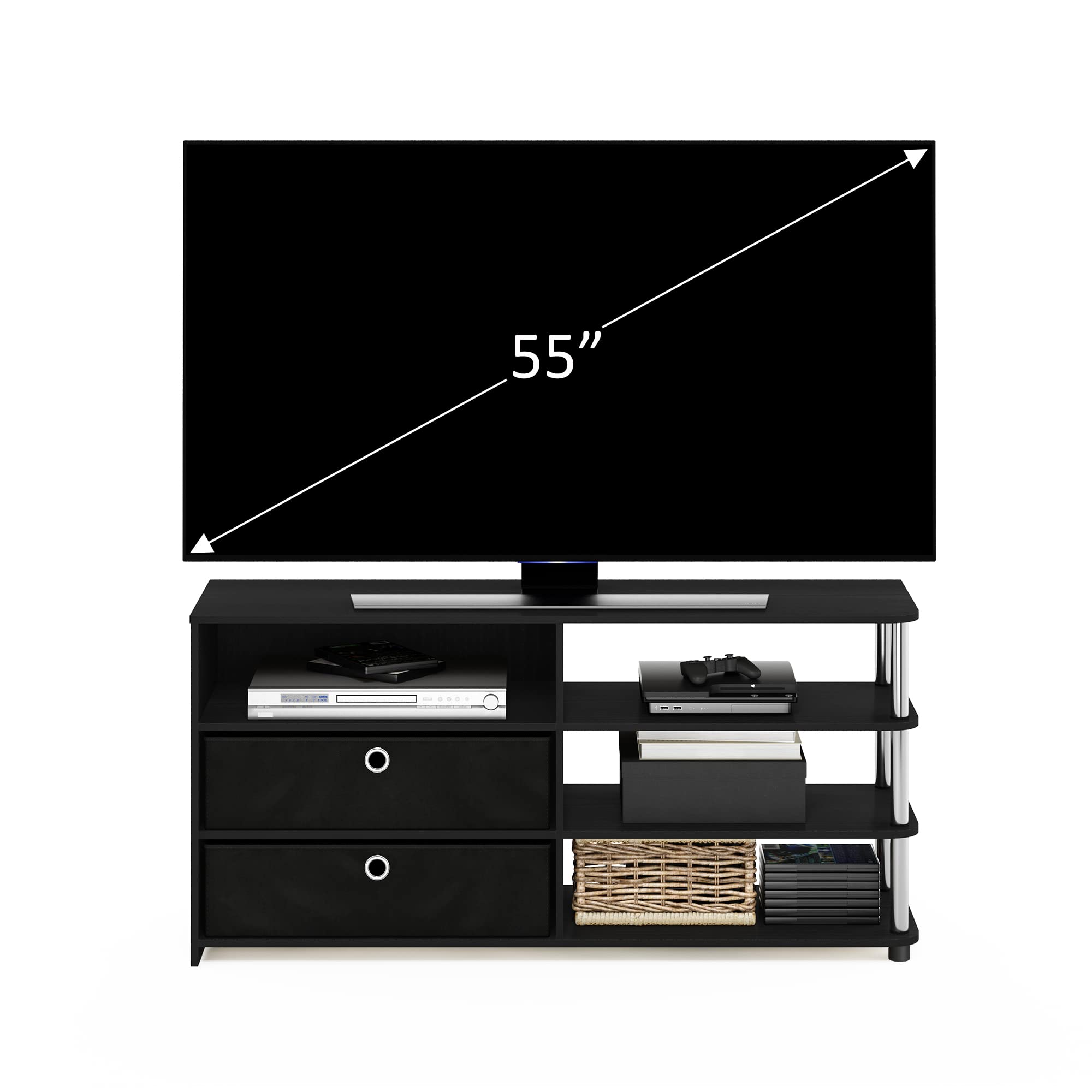 Furinno JAYA Simple Design TV Stand for up to 55-Inch with Bins, Americano, Stainless Steel Tubes