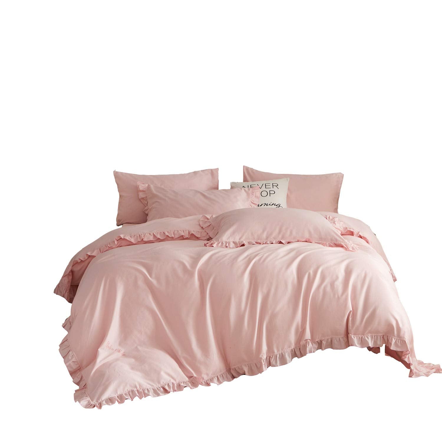 Dolce Mela Kink Size, Luscious 6 Piece Duvet Cover Set With Beautiful Ruffle Edge, 100% Long Staple Combed Cotton, Hypoallergenic, All-Season, Pink, Dm808K