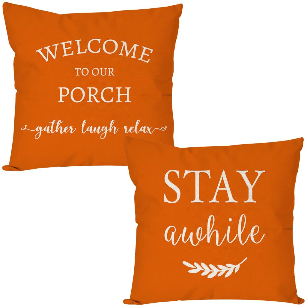 Pandicorn Welcome To Our Porch Stay Awhile Farmhouse Throw Pillow Covers 18X18 Set Of 2 Orange Outdoor Fall Porch Pillows Decora