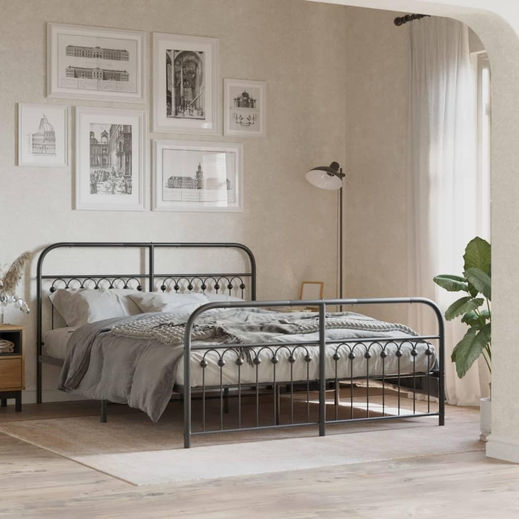 vidaXL Metal Bed Frame with Headboard and Footboard - Black Steel Double Bed 59.1x78.7 with Extra Storage Space - Sturdy Stable Frame Assembly Required