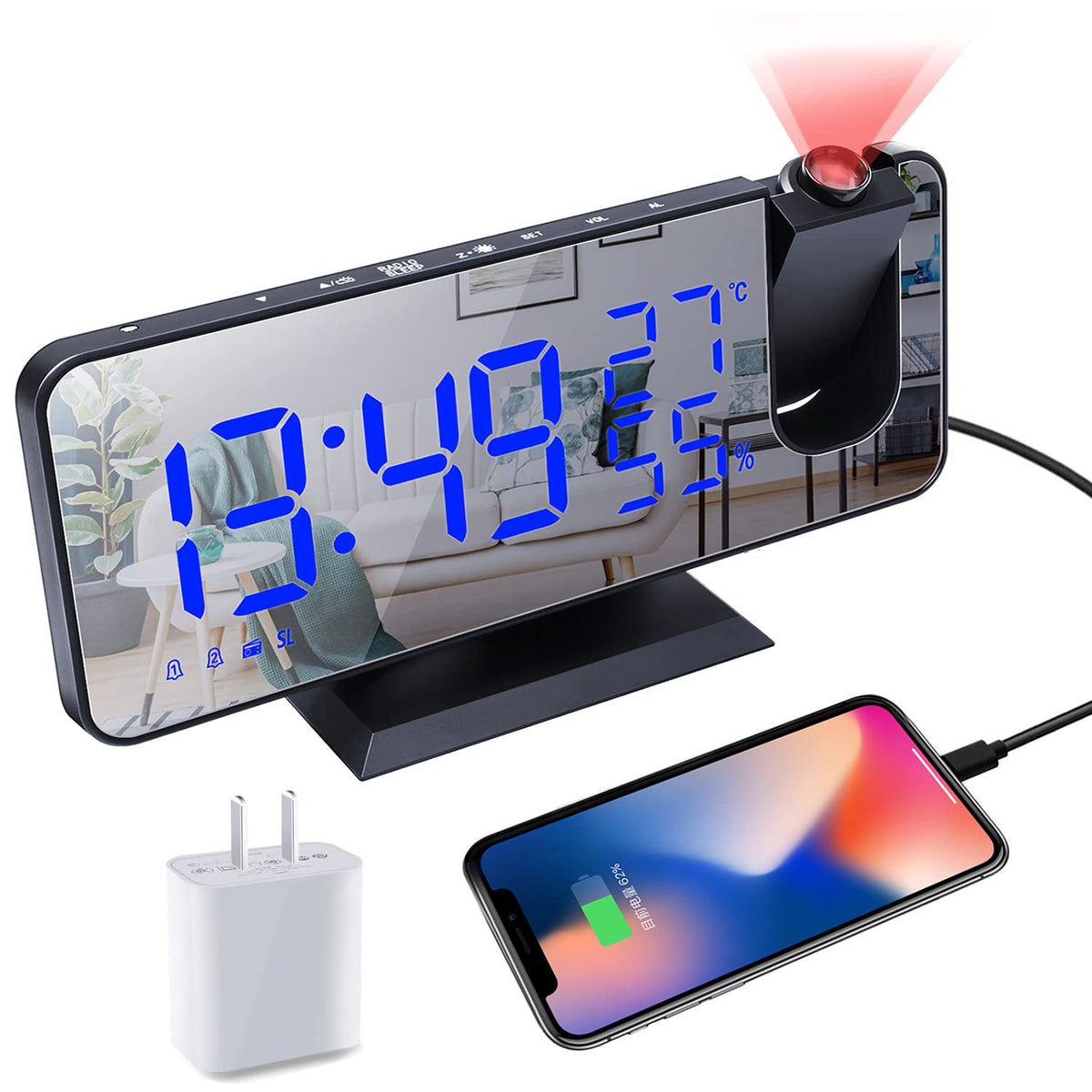 Projection Digital Alarm Clock for Bedrooms, Radio Alarm Clock on Ceiling, USB Charger Port, Temperature & Humidity Display, 7.3