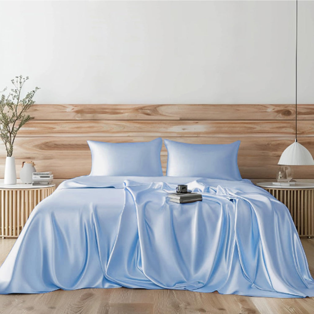 Candoury Satin Sheets Full Size Bed Sheets Set 4 Pcs, Soft And Durable Pillowcase, Flat Sheet And Fitted Sheet, Hotel Luxury Silky Satin Sheets Set (Full, Light Blue)