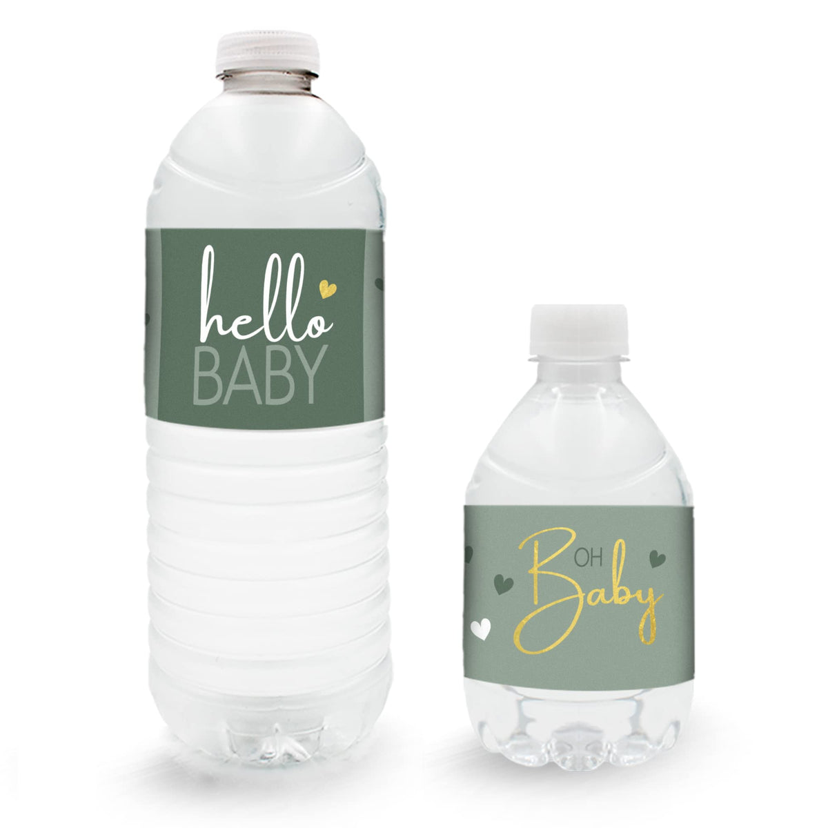DISTINCTIVS Green and Gold Baby Shower Water Bottle Stickers, Greenery Sweet Baby Waterproof Wrappers - 24 Stickers