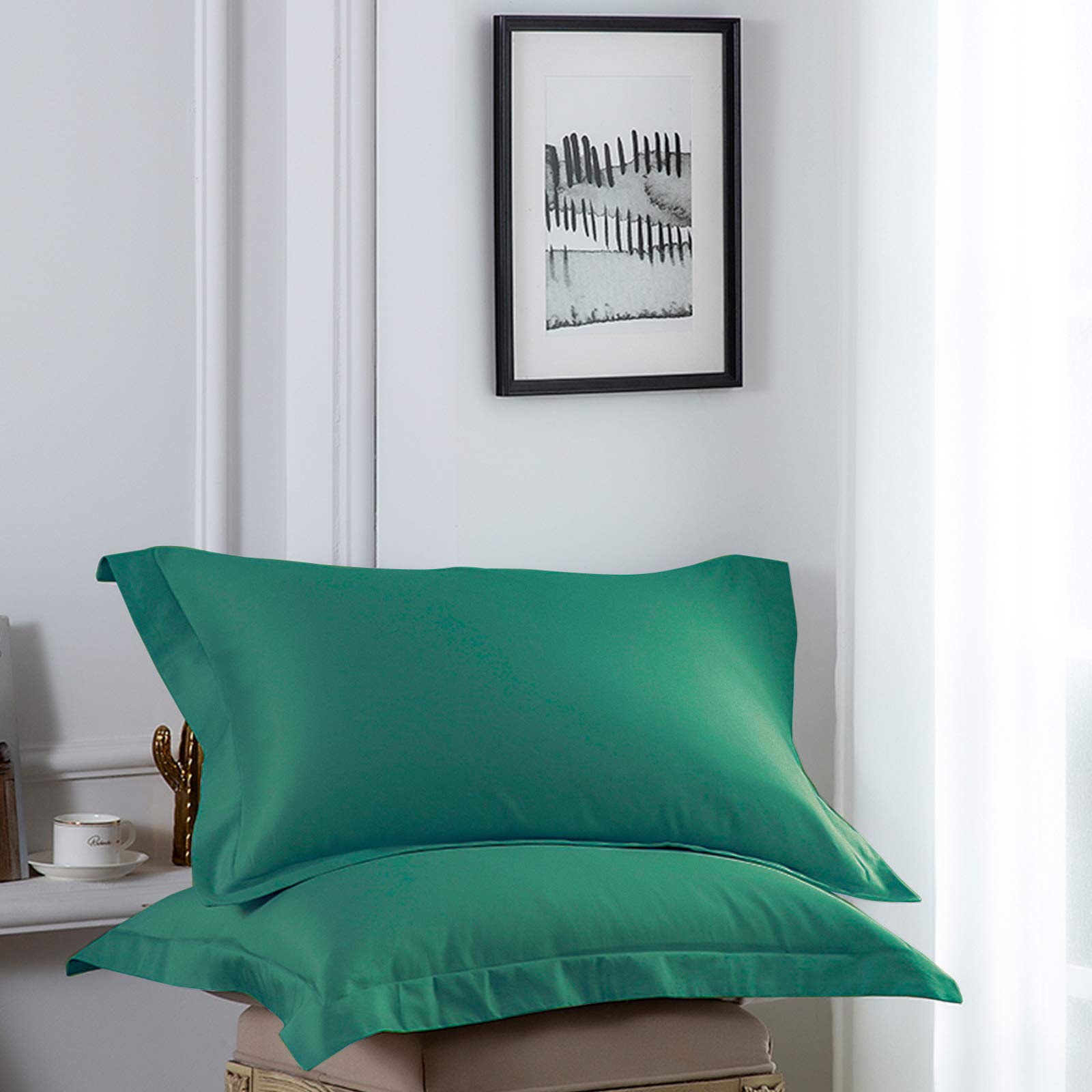 Ntbay 2 Pack 500 Thread Count 100% Egyptian Cotton Standard Pillow Shams, Super Soft And Breathable Oxford Pillowcases For Bed, 20X26 Inches, Dark Green