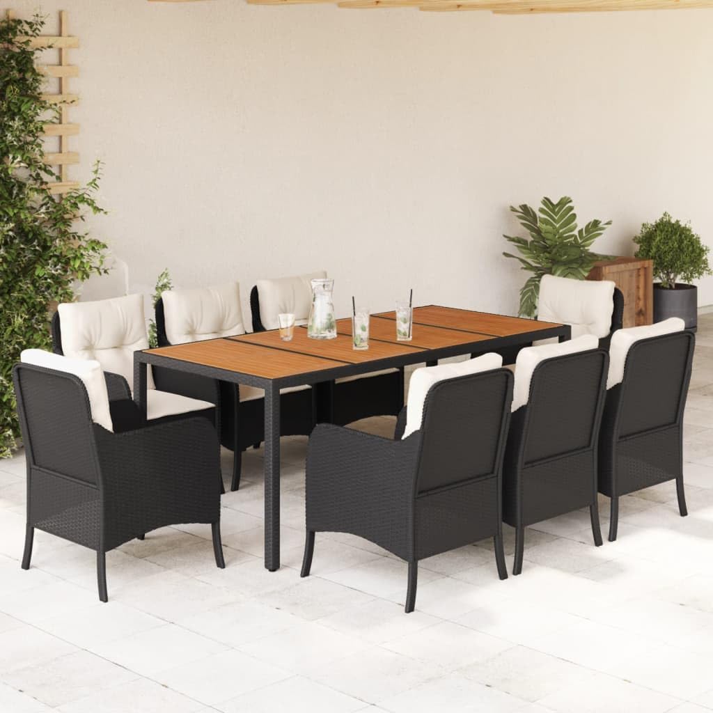 vidaXL - 9 Piece Patio Dining Set, Black PE Rattan, Cushioned Chairs with Acacia Wood Table, Weather-Resistant, Ideal for Gardens/Backyards/Patios