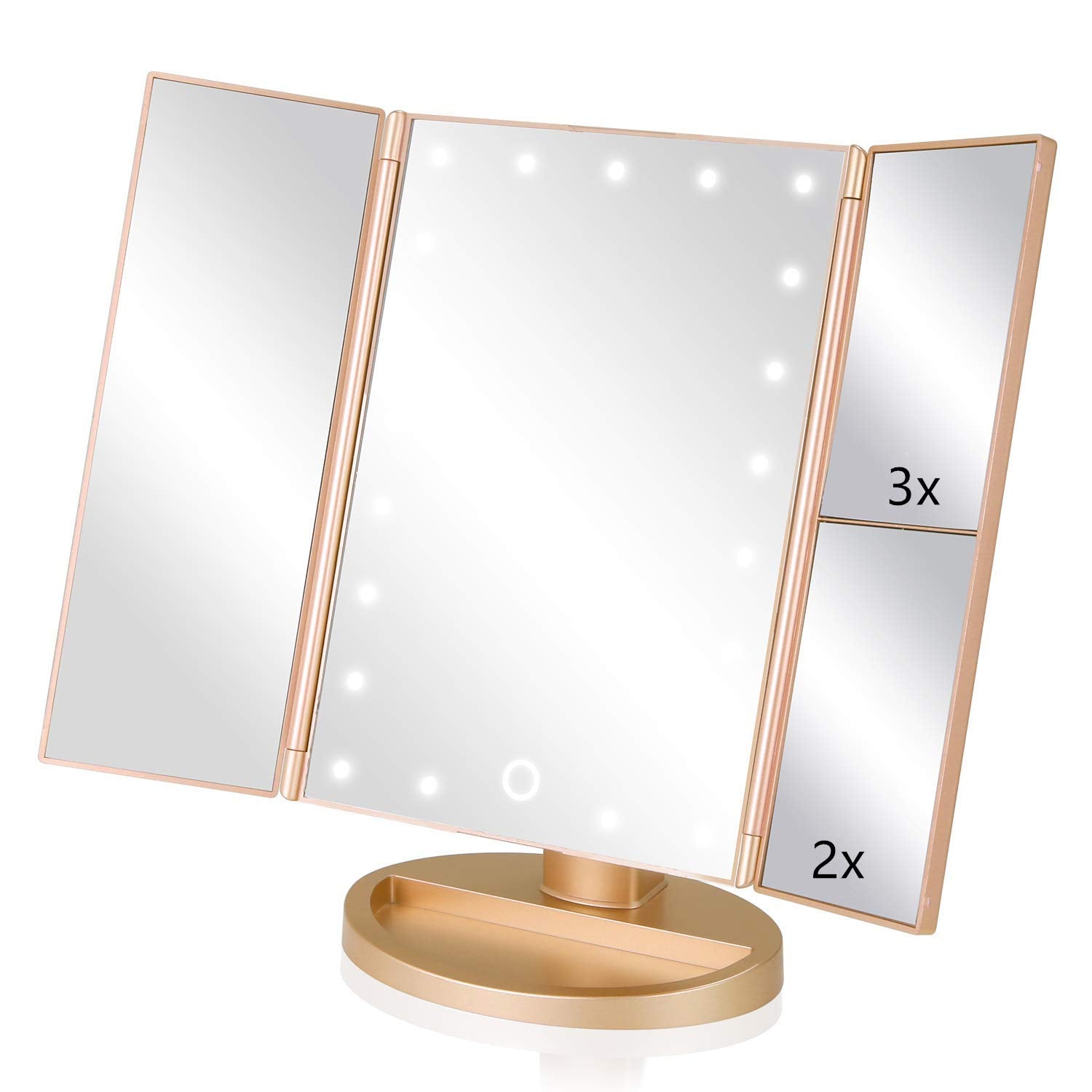 Infitrans 3 Folds Lighted Vanity Makeup Mirror,1X/2X/3X Magnification, 21 LED Light Bright Table Mirror with Touch Screen,180 Ad
