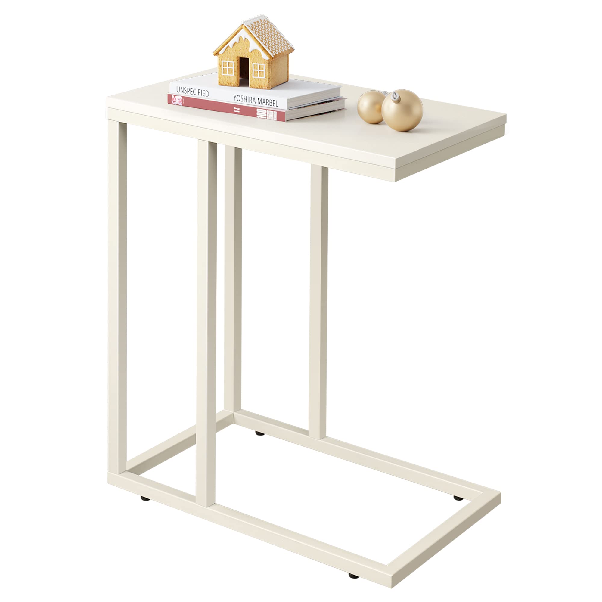 Wlive Side Table, C Shaped End Table For Couch, Sofa And Bed, Large Desktop C Table For Living Room, Bedroom, Creamy White And Black