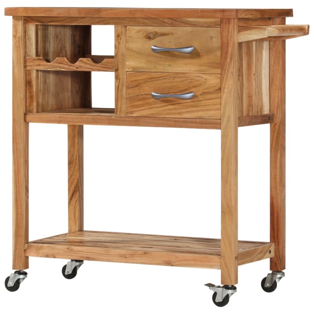 vidaXL Solid Wood Acacia Kitchen Trolley, Mobile and Lockable Wooden Storage Unit, 31.5x17.7x35.8, with Drawers & Shelves