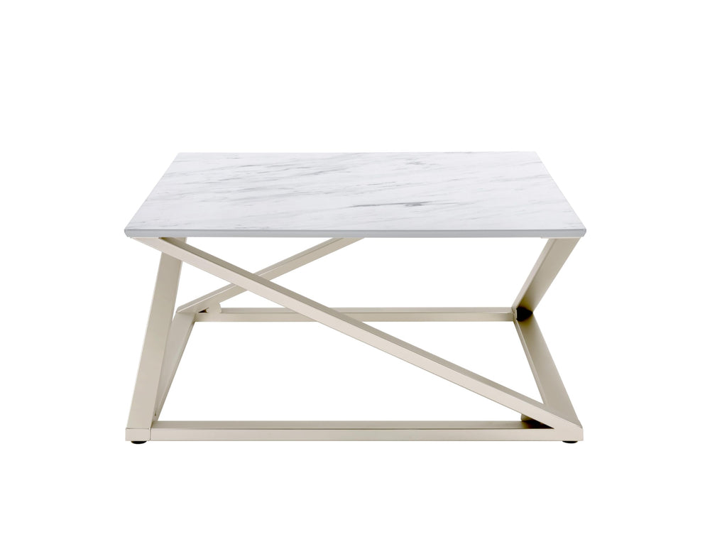 Steve Silver Co Zurich Contemporary Faux Marble Coffee Asymmetrical Matte Chrome Base Table, 36 x 36 x 18, White