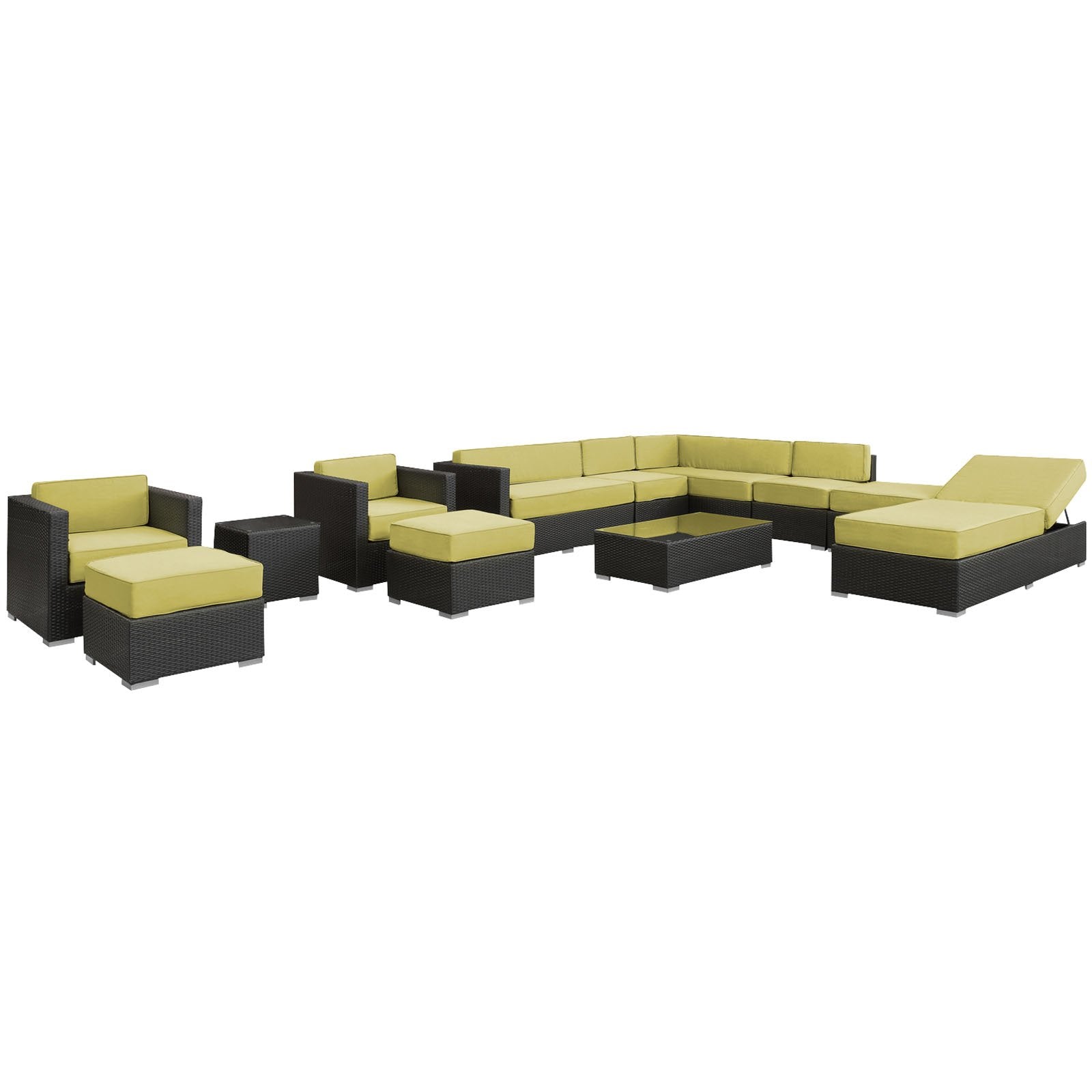 Modway Fusion 12-Piece Outdoor Rattan, Espresso With Peridot Cushions