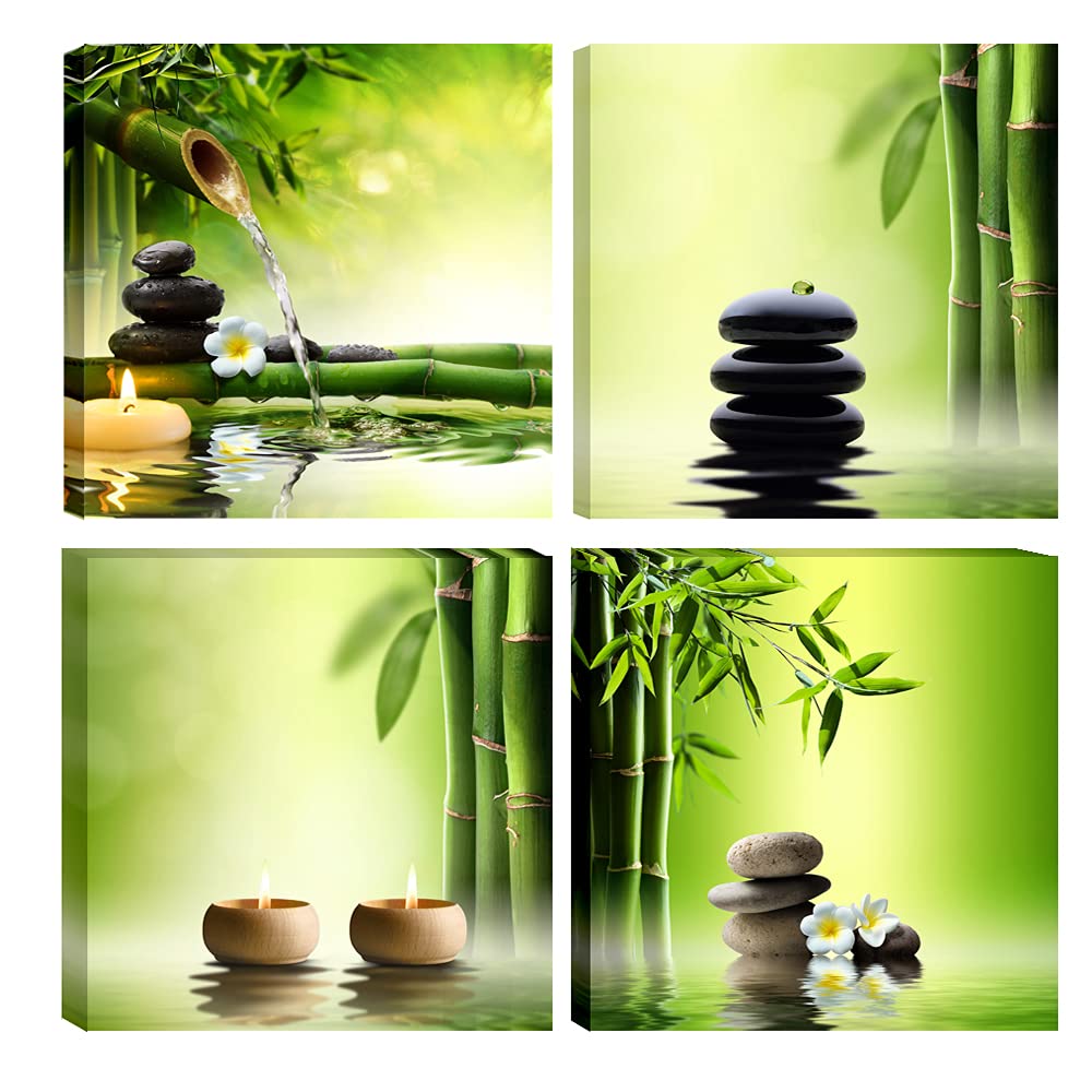 Pyradecor 4 Panel Perfect Bamboo Green Pictures Paintings on Canvas Prints Wall Art Large Modern Gallery Wrapped Zen Artwork for