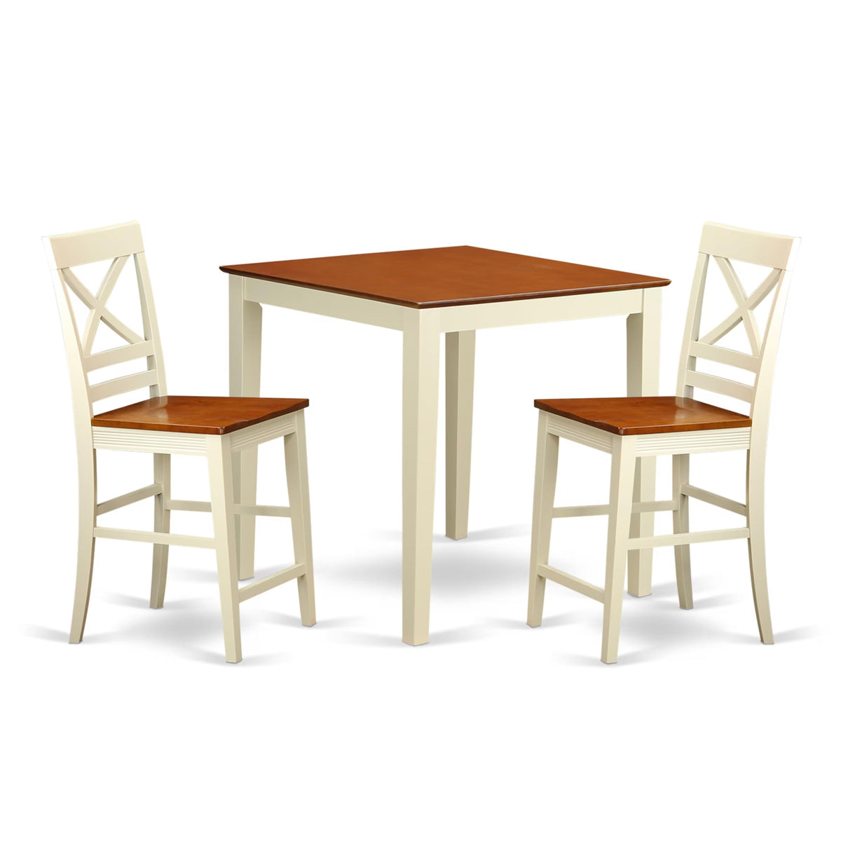 East West Furniture VNQU3-WHI-W 3 Piece Kitchen Counter Height Dining Table Set Contains a Square Pub Table and 2 Dining Room Chairs, 36x36 Inch, Buttermilk & Cherry