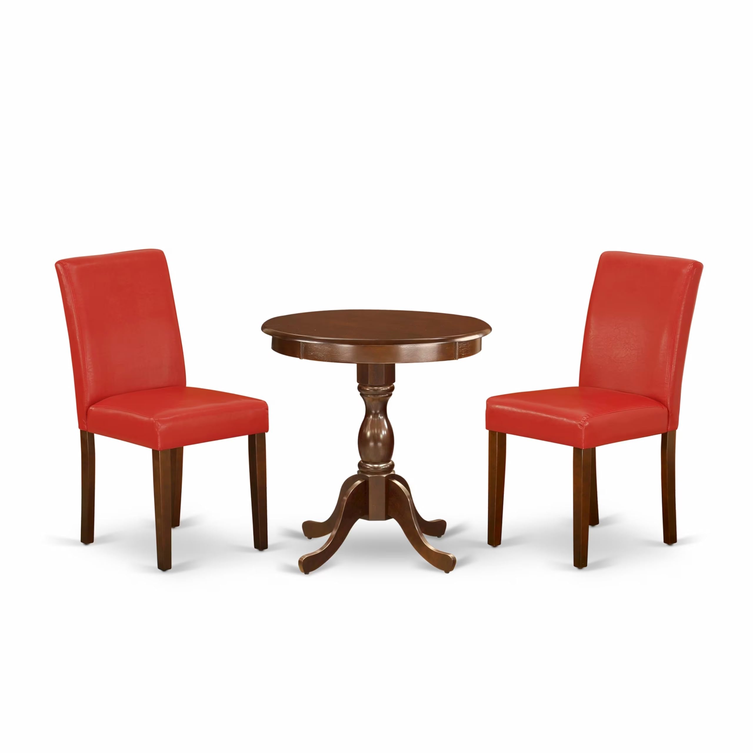 East West Furniture Esab3-Mah-72 3 Piece Dining Set Contains A Round Dining Room Table With Pedestal And 2 Firebrick Red Faux Leather Upholstered Parson Chairs, 30X30 Inch, Mahogany