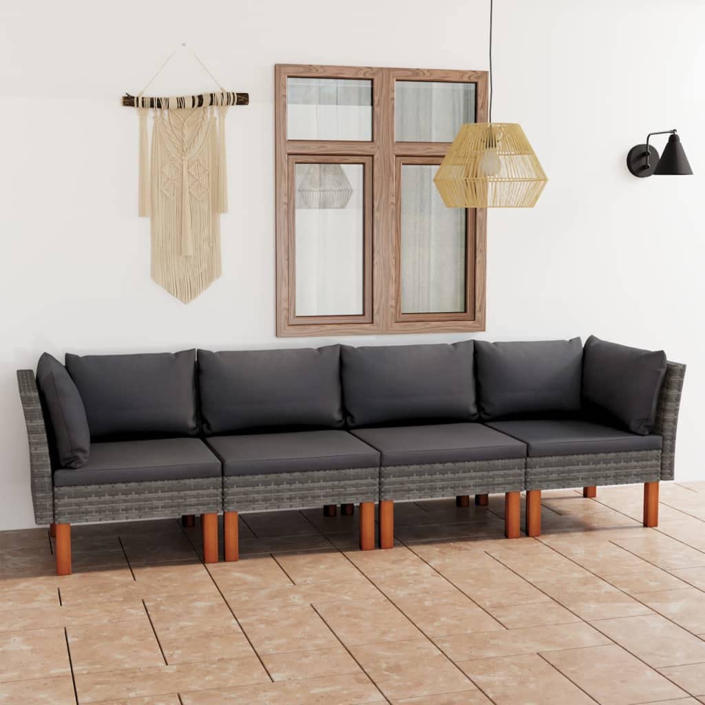 vidaXL Patio Sofa 4-Seater, Outdoor Sofa for Porch Backyard Balcony, Patio Couch with Cushions, Corner Sofa, Farmhouse Modern Style, Gray Poly Rattan