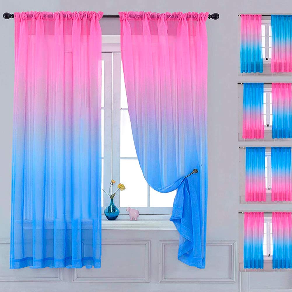 Yancorp Sheer Curtain 2 Panels Semi Bedroom Curtains 63 Inches Length Linen Pink Blue Ombre Curtains Rod Pocket Drapes Girls Liv