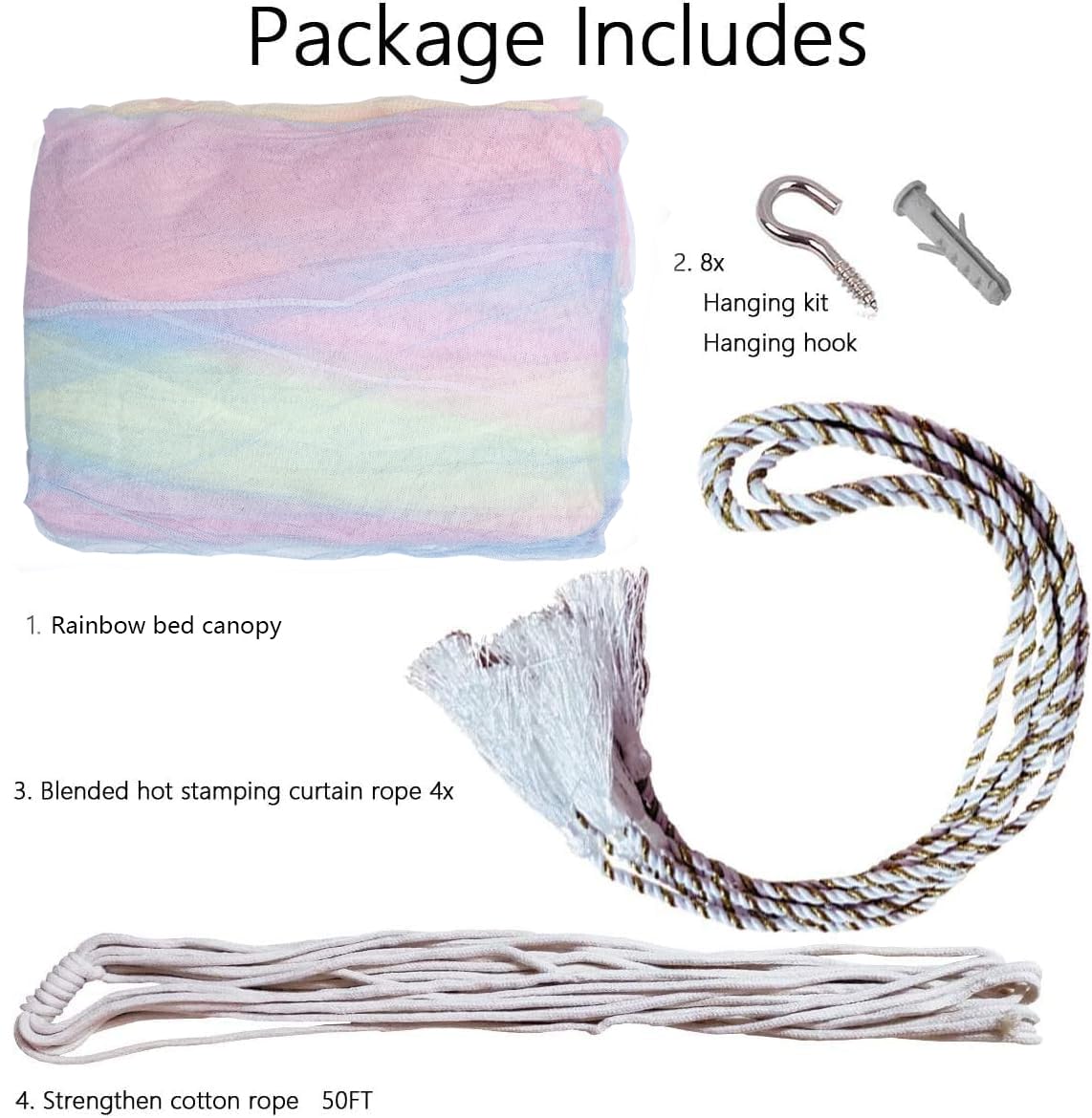 Curtains Bed Canopy Rainbow Mosquito Net For Bed Canopy Four Corner Post Elegant Mosquito Net Set, Stick Hook &Profession Rope F