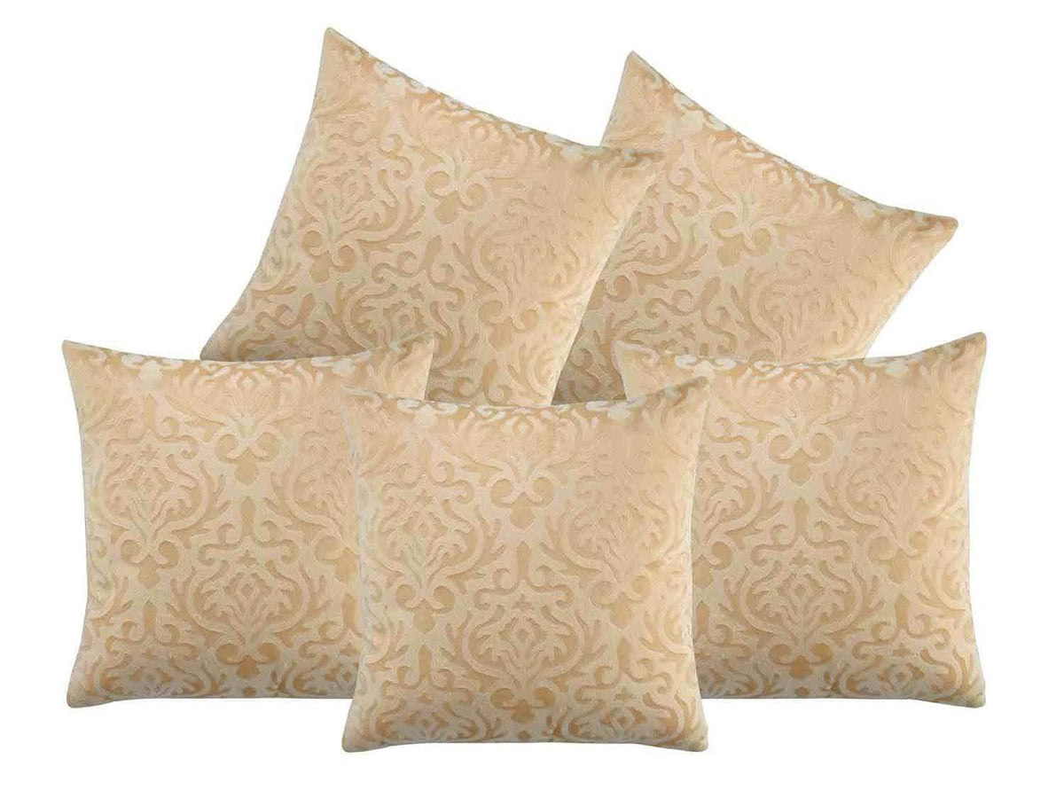 Msenterprises Velvet Printed Cushion Covers For Sofa & Living Room (Beige Golden, 16 X 16 Inch, Set Of 5)