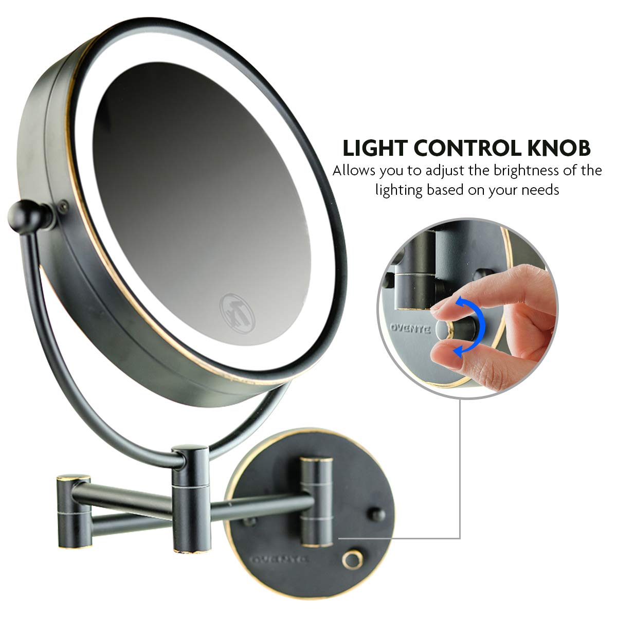 Ovente 9' Lighted Wall Mount Makeup Mirror - 1X/ 7X Magnifier, Hardwired Glow Cosmetic Light Mirror, Spinning 360-Degree, Doubl
