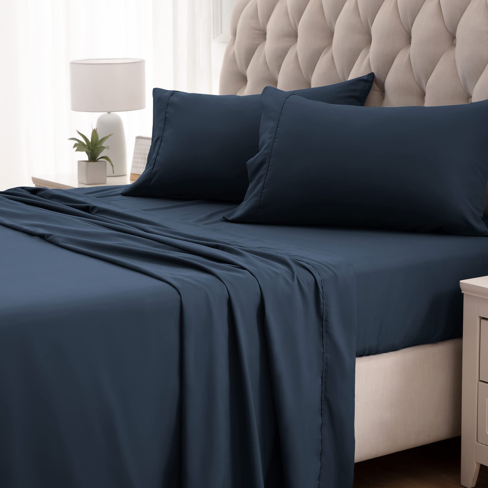 Sleep Zone Nanotex Super Soft Cooling Twin Bed Sheets Set For Kids 3 Piece - Easy Care Fitted Flat Sheet & Pillowcase Sets - Wrinkle Free, Fade Resistant, Deep Pocket 16' (Navy Blue, Twin)