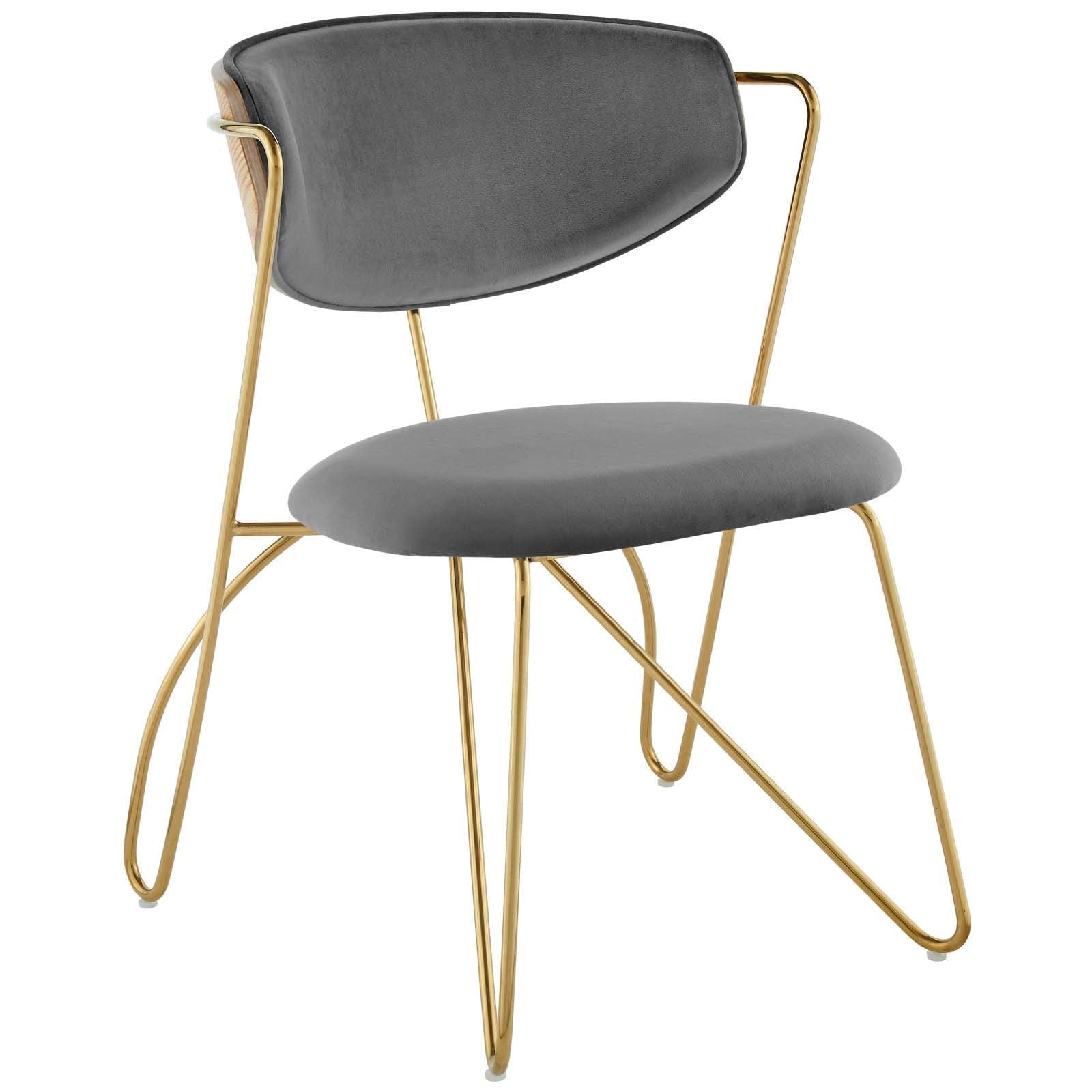 Modway Prevail Mid-Century Performance Velvet Metal Frame With Hairpin Legs Accent Dining Room Chair, Gold Gray