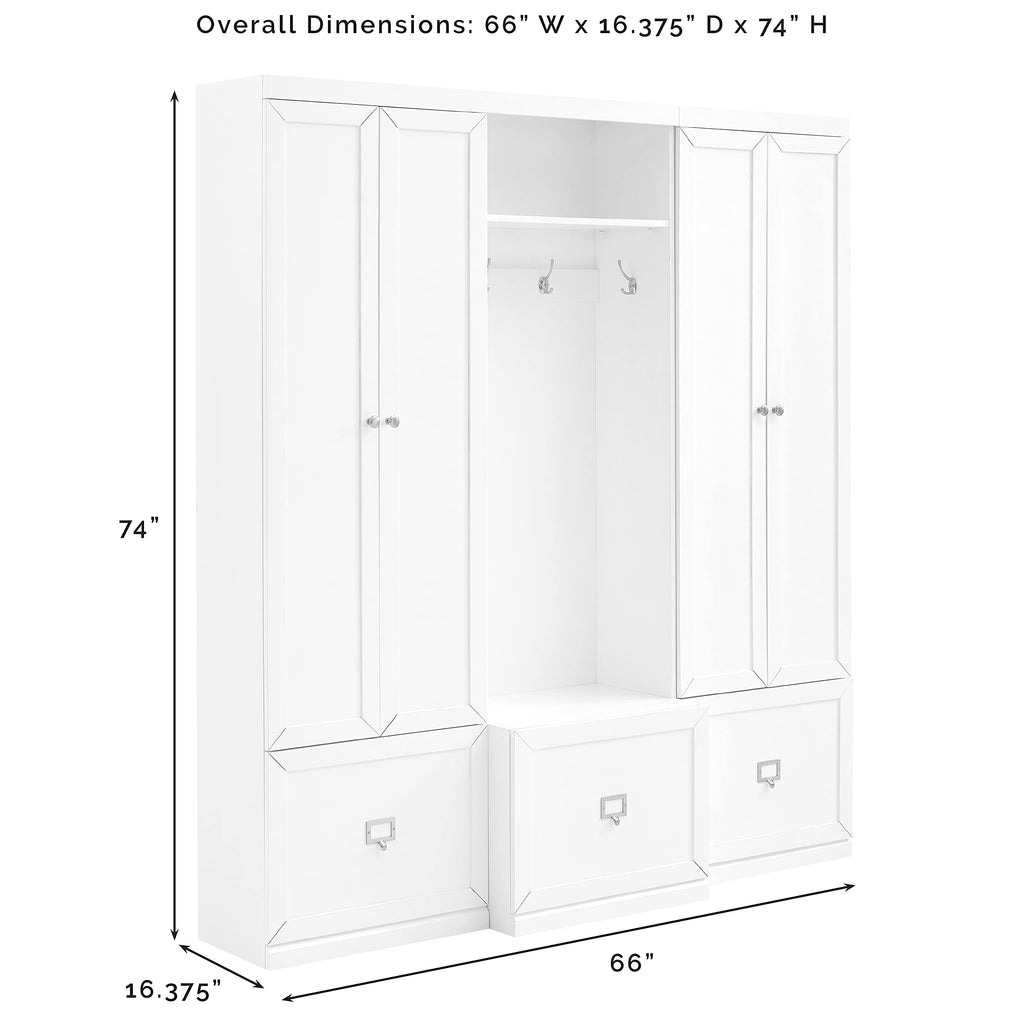 Crosley Furniture Harper 3-Piece Hall Tree And Storage Cabinet Set With Entryway Bench And Hooks For Hanging, White