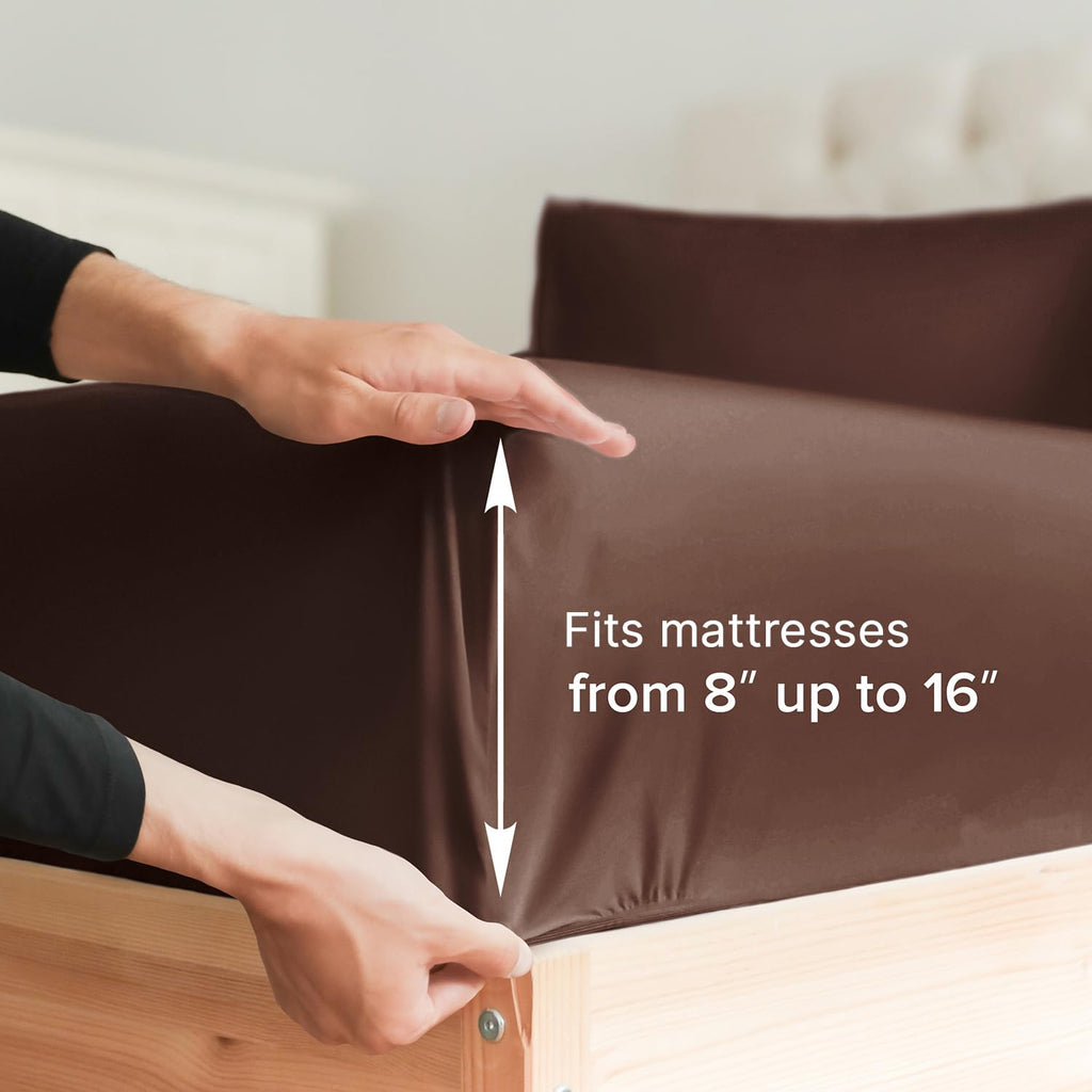 King Fitted Bed Sheet - Hotel Luxury & Cooling Single Fitted Sheet Only - Easily Fits Mattress Up To 16 Inches Perfectly - Soft, Wrinkle Free, Breathable & Comfy Brown Single Fitted Bed Sheet
