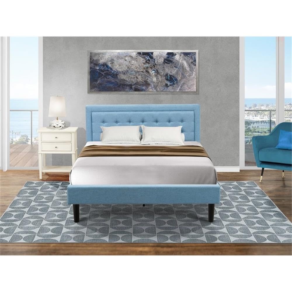 East West Furniture FN11Q-1VL0C 2-Piece Platform Queen Bed Set Furniture with 1 Queen Wood Bed Frame and a Night Stand for Bedrooms - Reliable and Sturdy Manufacturing - Denim Blue Linen Fabric
