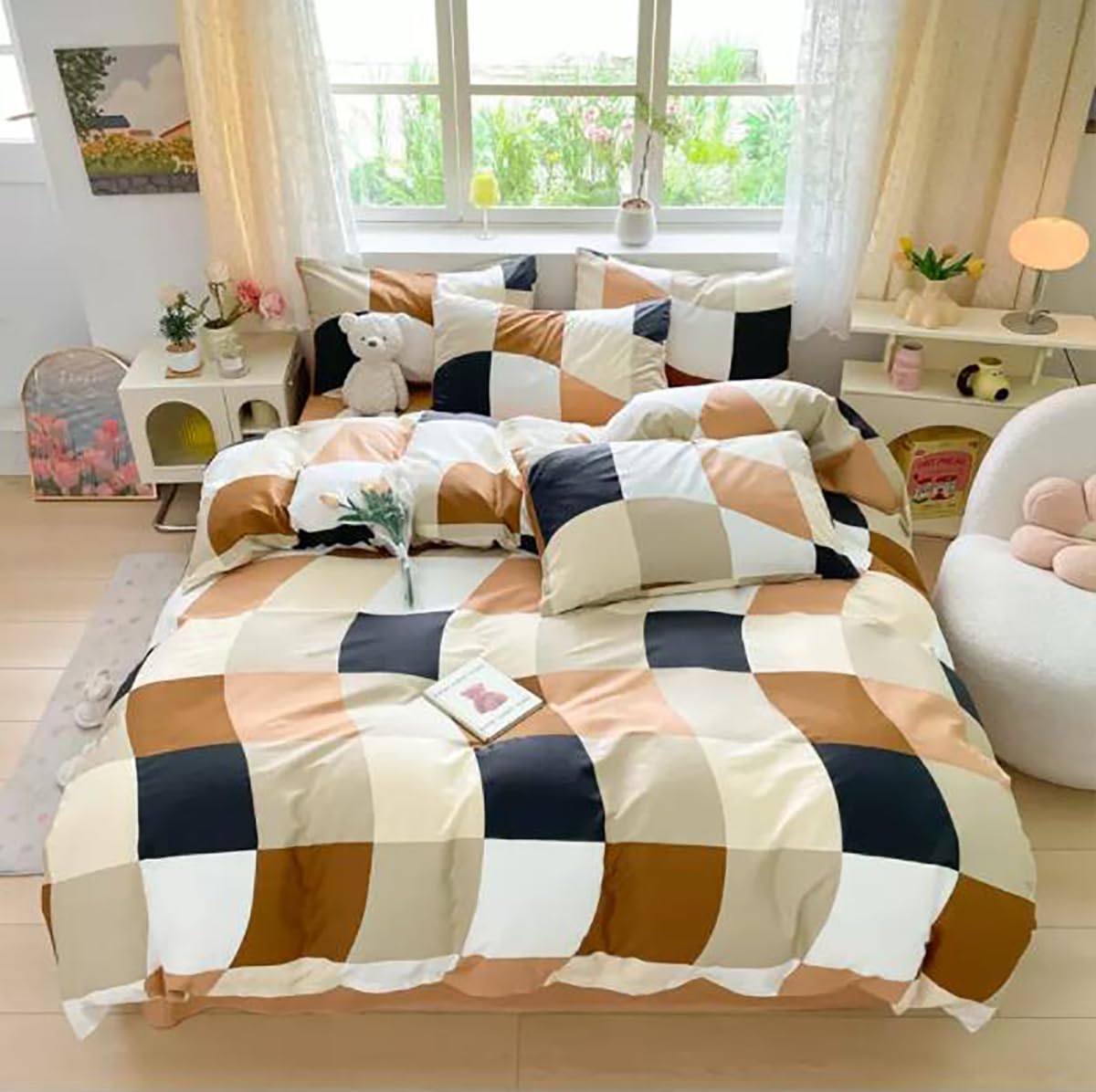 Karever Checkerd Comforter Brown Twin Multicolored Grid Comforter Kids Khaki Checkered Bed Comforter White Black Plaid Buffalo G