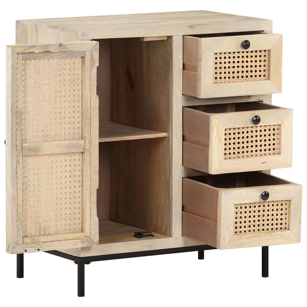 vidaXL Solid Mango Wood and Natural Cane Sideboard - Charming Rustic Style, Ample Storage, Durable Steel Base, Unique Hand-Woven Patterns, Requires Assembly