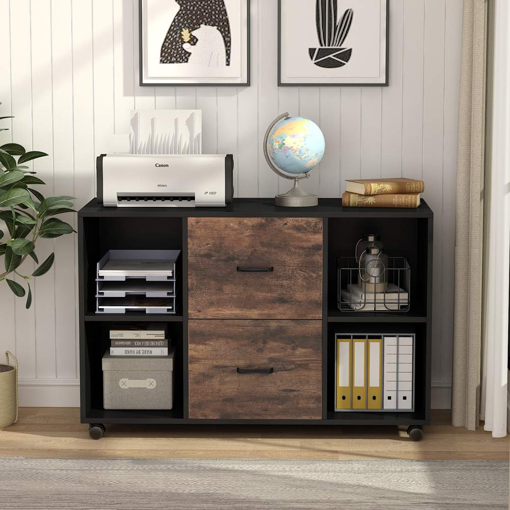 Tribesigns 2 Drawer File Cabinet, Large Mobile Lateral Filing Cabinet For Letter Size, Printer Stand With Storage Shelves And Rolling Wheels For Home Office (Black/Rustic)
