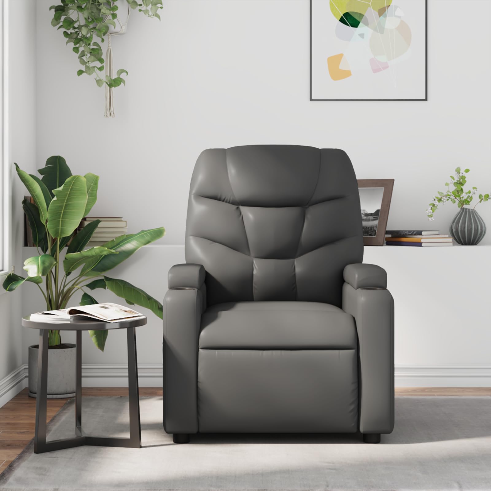 vidaXL Gray Leather Recliner Chair with 6-Point Vibration Massage, Adjustable Backrest & Footrest, Cup Holders, Side Pocket, Padded Seat, Perfect for Living Room or Home Theater Seating