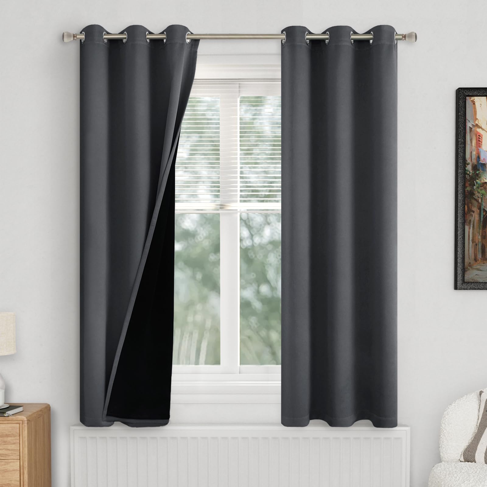 Quemas Dark Grey Blackout Curtains For Bedroom 63 Inch Length 2 Panels, 100% Light Blocking Thermal Insulated Soundproof Grommet