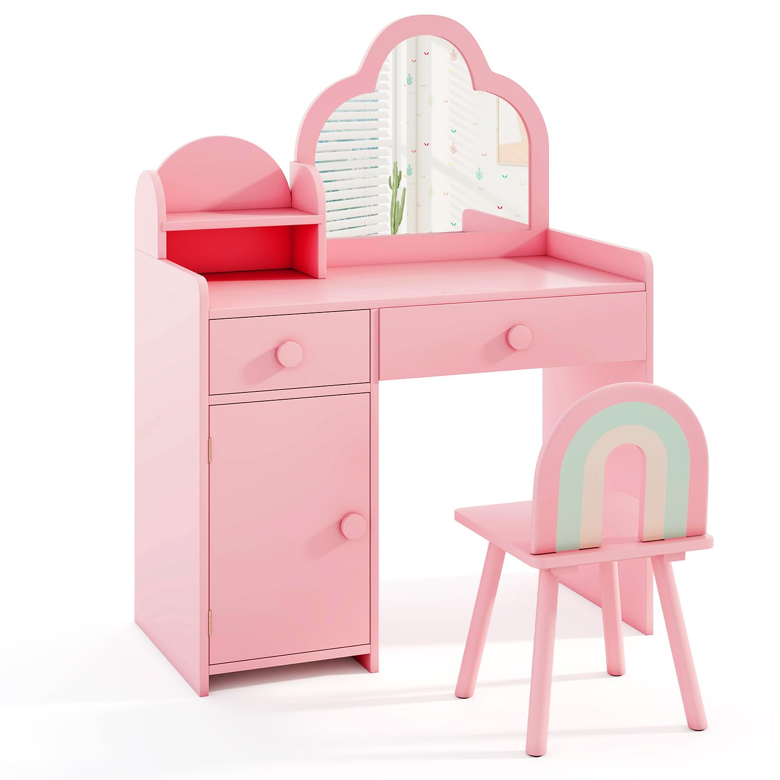 HONEY JOY Kids Vanity, Cloud Shape Wooden Girls Vanity Set with Mirror and Stool, Drawers, Storage Cabinet, Toddler Makeup Desk 