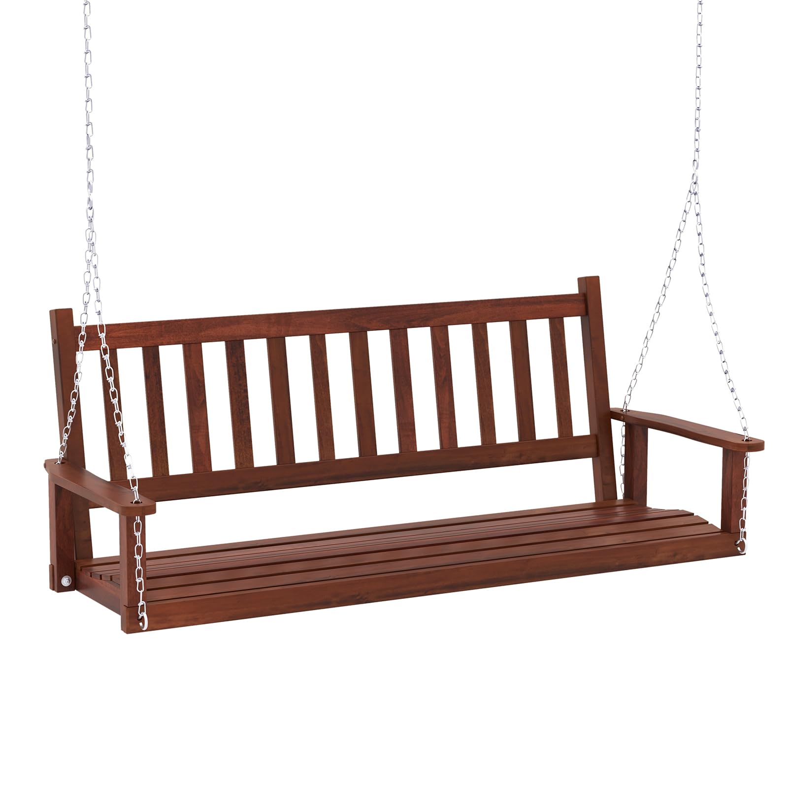 Tangkula 3 Person Wooden Porch Swing, Hanging Patio Swing With 2 Adjustable Galvanized Metal Chains, Slatted Back & Seat, Outdoor Swing Bench For Backyard Deck Garden, 5Ft