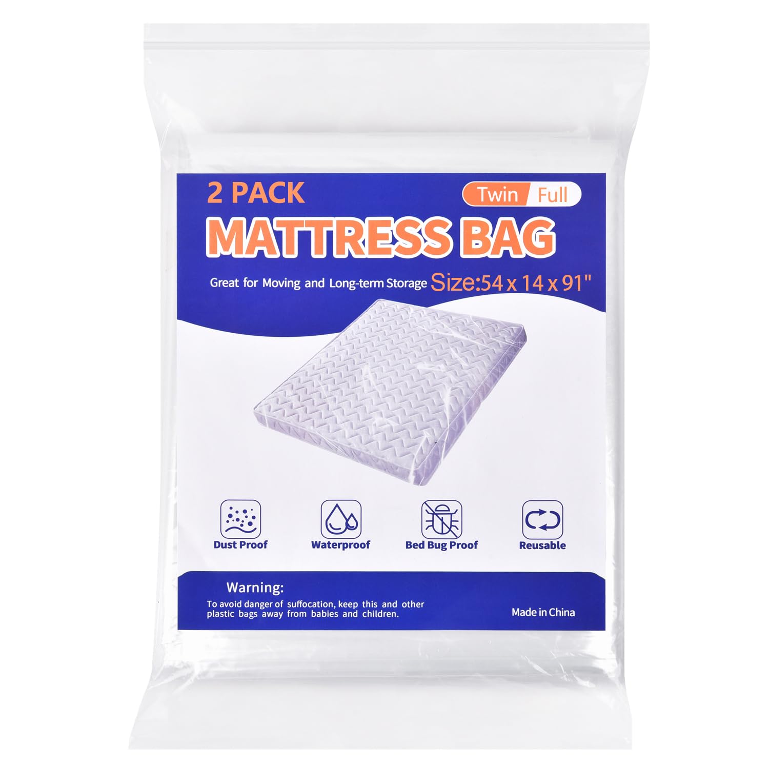 Mattress Bag For Moving Storage - 2 Pack Plastic Mattress Protector Cover, Twin And Full Size