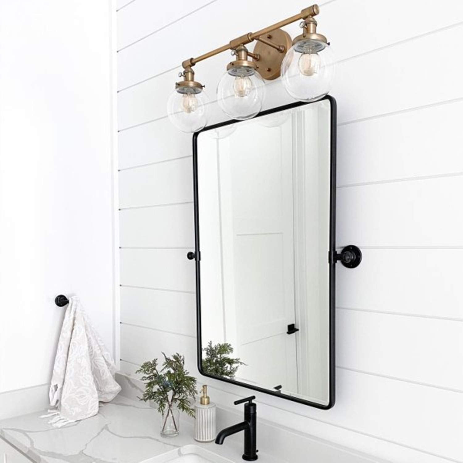 20 X 24  Farmhouse Black Metal Framed Pivot Rectangle Bathroom Mirror Rounded Rectangluar Tilting Beveled Vanity Mirrors For Wal