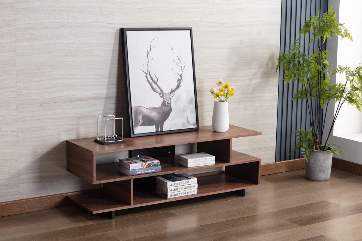 Lilola Home Iris 59' Brown Walnut Finish TV Stand with 2 Levels of Shelves and Black Legs