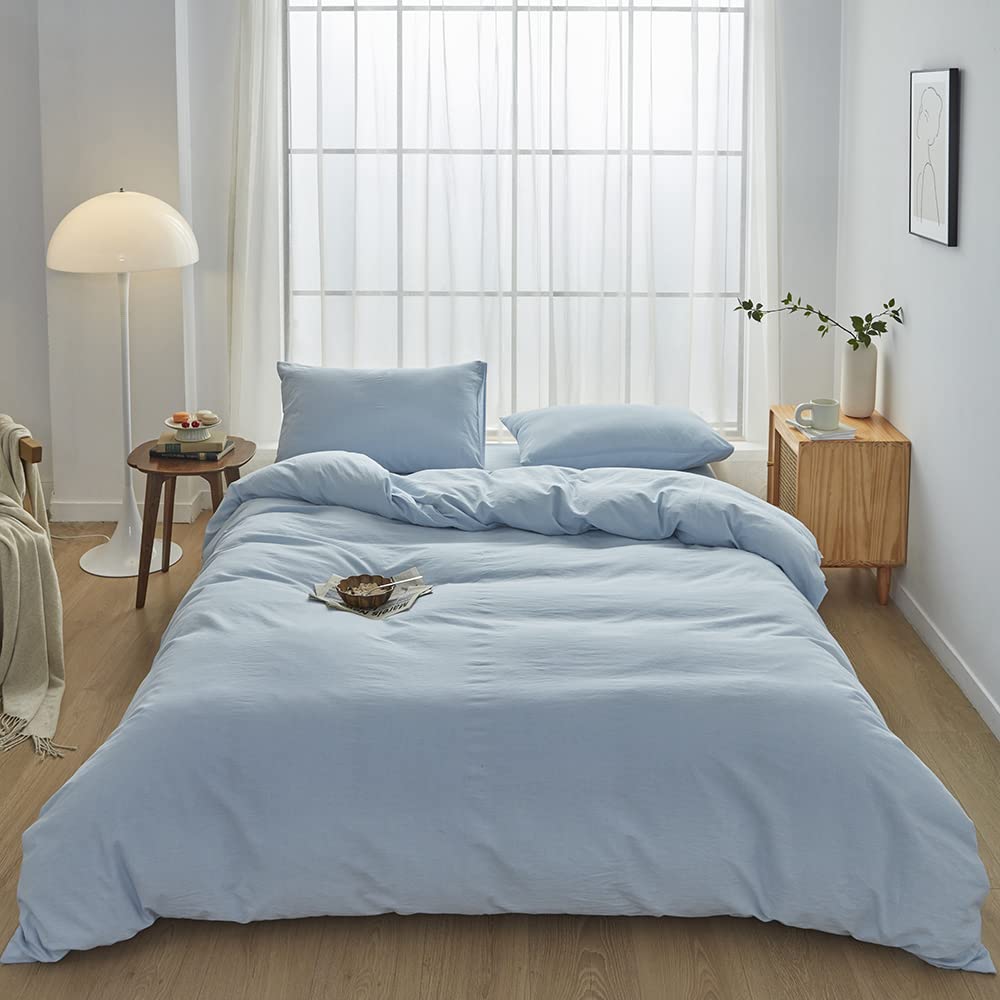 Face Two Face Bedding Duvet Cover Set100% Washed Cotton Duvet Cover Linen Like Textured Breathable Durable Soft Comfy (California King,Light Cyan)