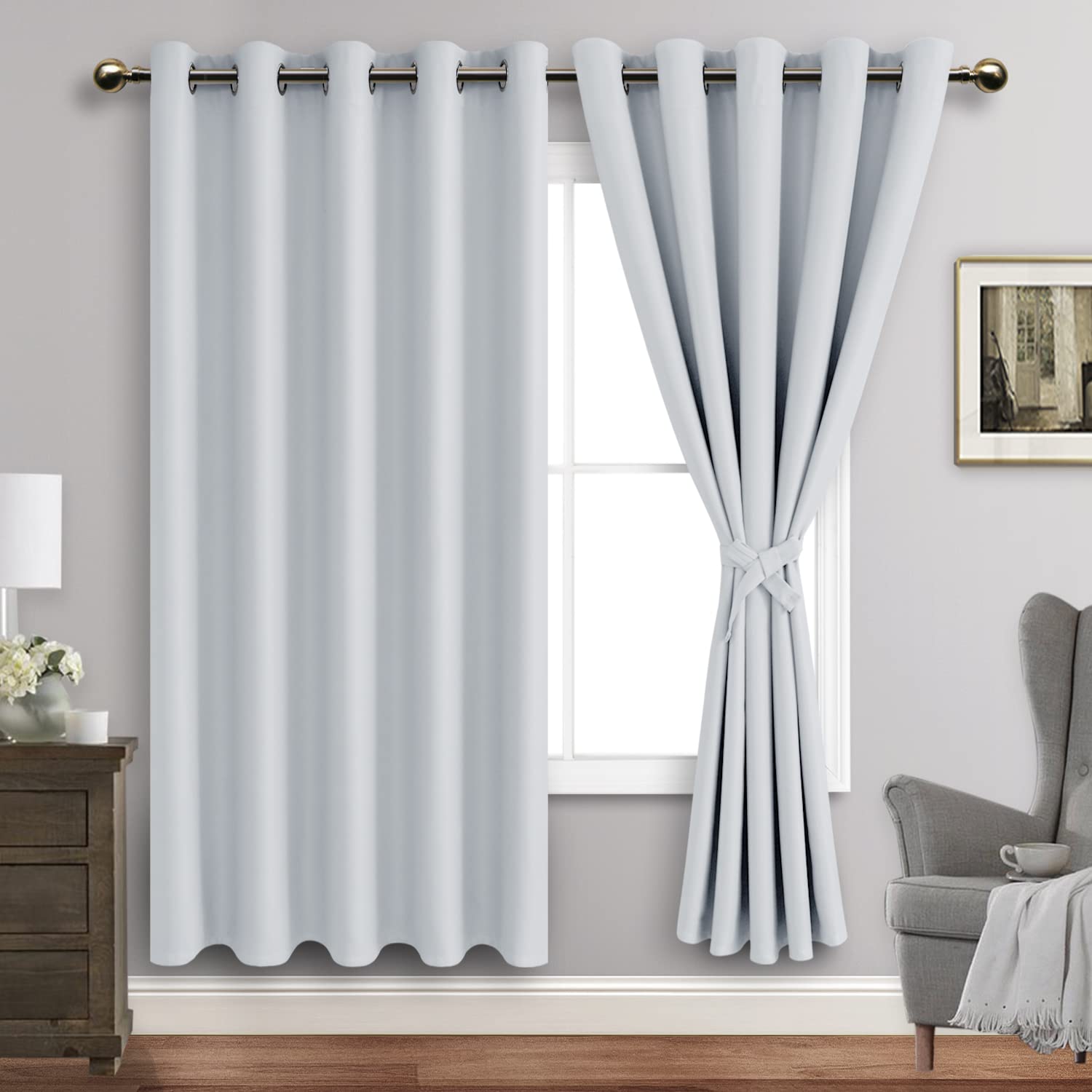 Jiuzhen Greyish White Blackout Curtains With Tiebacks Thermal Insulated, Light Blocking And Noise Reducing Grommet Curtains For And Living Room, Set Of 2 Window Curtain Panels, 60 X 72 Inch Length