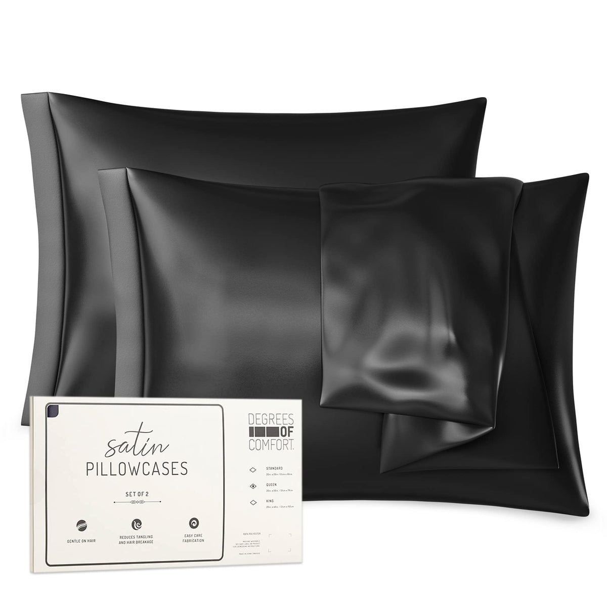 Black Satin Pillowcase Queen Set Of 2 | Pillow Cases For Hair And Skin | 20 X 30 Inch-Slip Silky Comfort With Envelope Closure