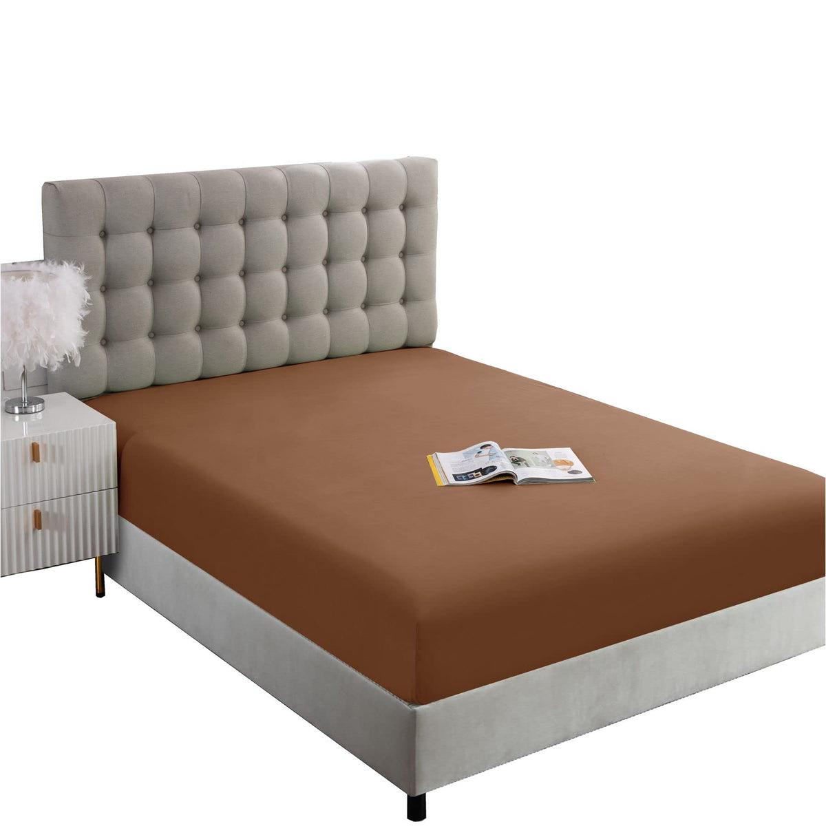 Ghooss Fitted Sheet Queen Size,Soft Microfiber Mocha Fitted Bottom Sheet Only Deep Pocket Up To 14 Inch,1 Pack,Mocha,Queen