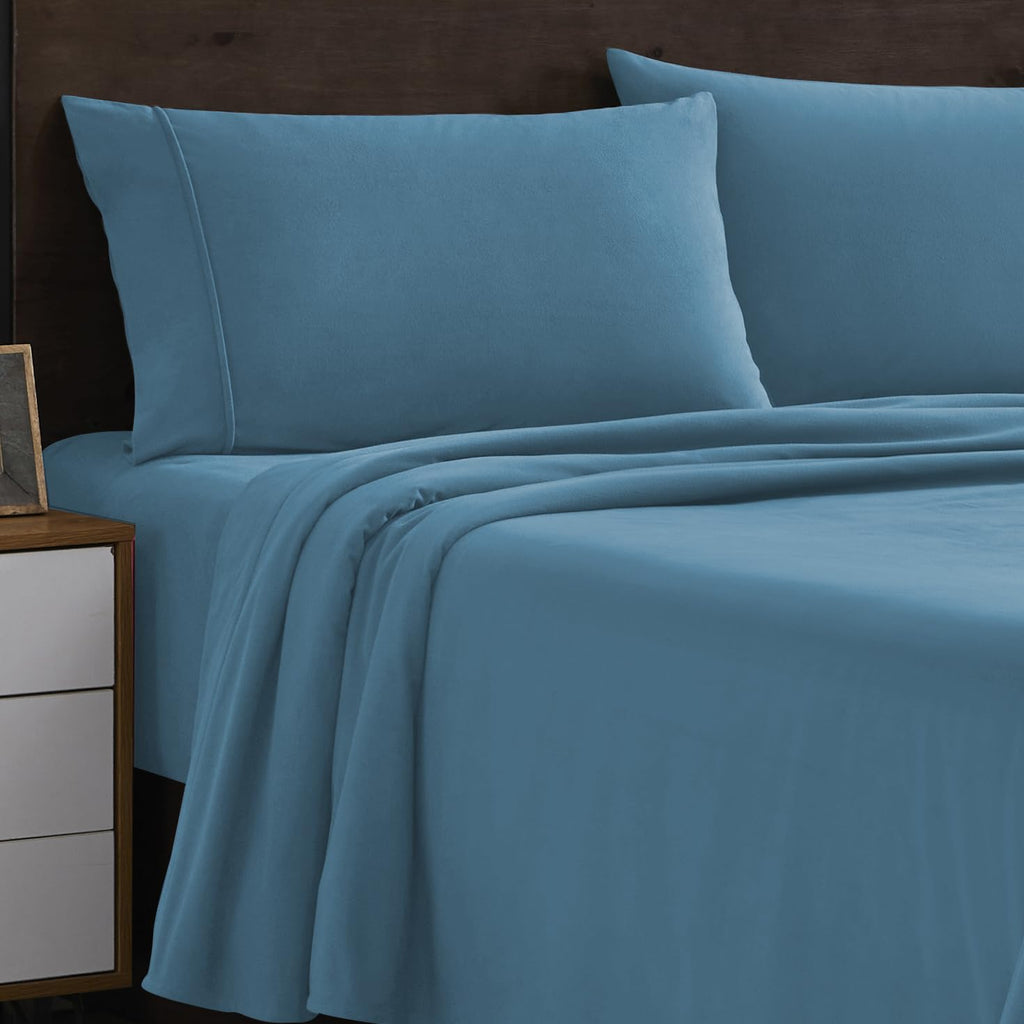 Flannel Sheets Twin Warm And Cozy Deep Pocket Breathable All Season Bedding Set With Fitted With Full Elastic & Built In Corner Sheet Straps, Flat And Pillowcases, Twin, Denim